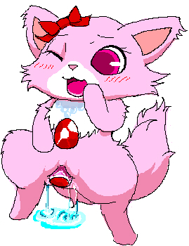 blush chimsuke feline female furry garnet_(jewelpet) jewelpet jewelpet_(species) lowres open_mouth pink_eyes pink_fur pink_hair pussy_juice sanrio solo tagme white_background wink