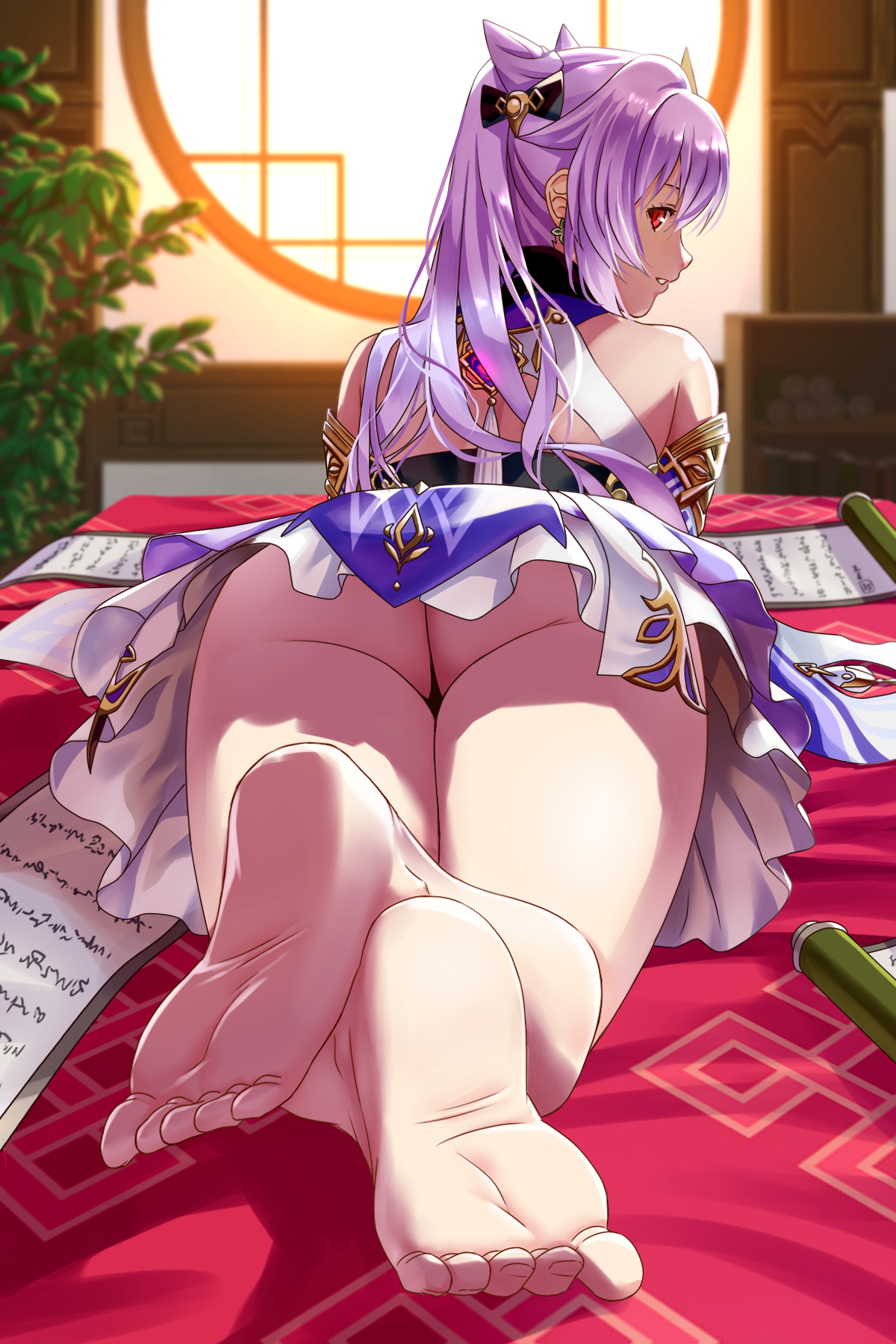 1girls, ass, barefoot, dress, feet, female, female only, genshin impact, keqing (genshin impact), looking back, lying, on stomach, purple hair, red eyes, solo, solo female, swichbox01, thick, thick ass, thick thighs