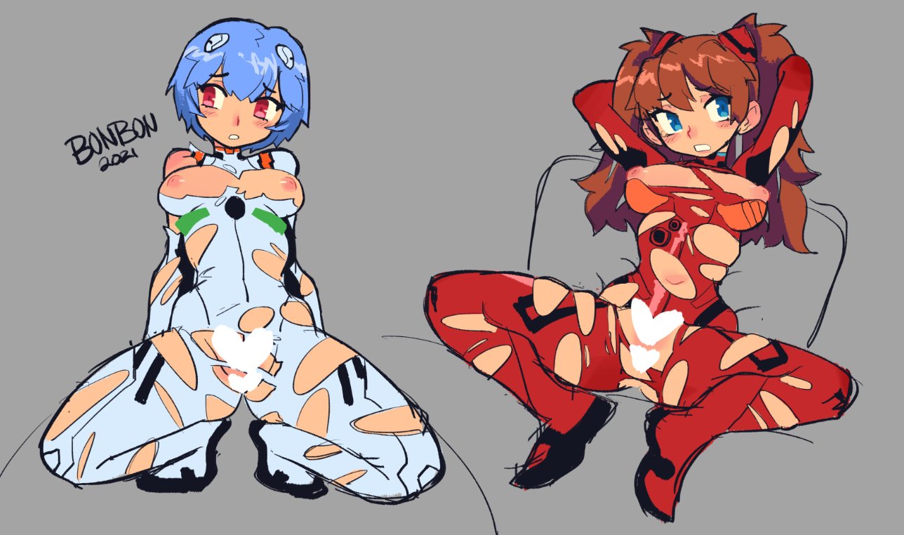 2girls, accidental exposure, areolae, arm support, arms behind head, asuka langley sohryu, belly button, blue eyes, blue hair, blush, bodysuit, breasts, breasts out, brown hair, censored, clothing, embarrassed, exposed breasts, exposed pussy, female, female only, grey background, heart censor, human, large breasts, legs apart, legs spread, light skin, light-skinned female, long hair, looking away, navel, neon genesis evangelion, nipples, orange hair, pilot suit, plugsuit, pussy, red bodysuit, red eyes, rei ayanami, ripped clothing, short hair, signature, slammo, spreading, squatting, thighs, tight clothing, torn bodysuit, torn clothes, torn clothing, twintails, white bodysuit, worried, worried expression