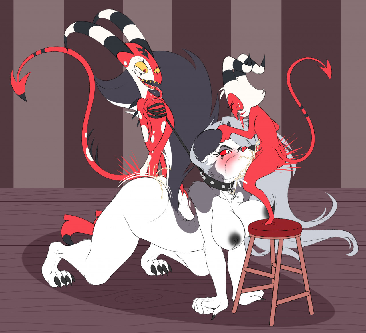 1girls, 2boys, adopted, ambiguous penetration, angry, angry face, angry sex, anthro, balls, blitzo (helluva boss), blowjob, blush, breasts, canid, canine, claws, closed eyes, collar, cum, cum in mouth, cum inside, demon, demon girl, detailed background, doggy style, dominant male, domination, fangs, female, female penetrated, femsub, fluffy, fluffy tail, gangbang, genitals, hellhound, helluva boss, horns, humanoid, imp, inseki, interspecies, itsuko103, larger female, loona (helluva boss), male, male domination, male penetrating, male penetrating female, male/female, maledom, mmf threesome, moxxie (helluva boss), multiple boys, multiple males, nipples, open mouth, open smile, oral, penetration, penis, pleasure face, red body, red eyes, saliva, sex, size difference, smaller male, smile, spitroast, step-incest, stepdaughter, stepfather, stepfather and stepdaughter, straight, submissive, submissive female, tail, threesome, tongue, tongue out, two-tone body, white body, white fur, white hair