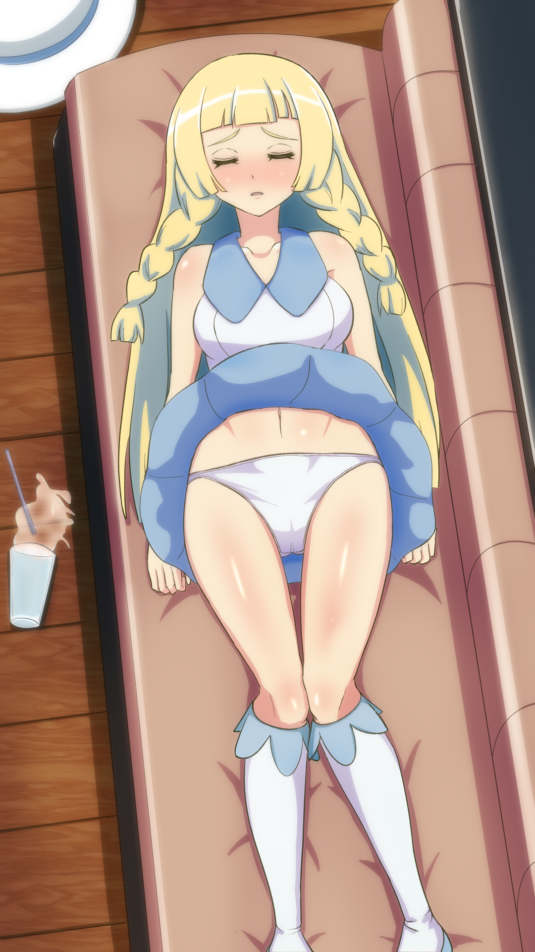 1girls, blonde hair, blush, braids, breasts, closed eyes, female, hat, legwear, lillie (pokemon), long hair, nintendo, panties, pokemon, pokemon sm, sinabi, sleeping, solo, thighs, white legwear