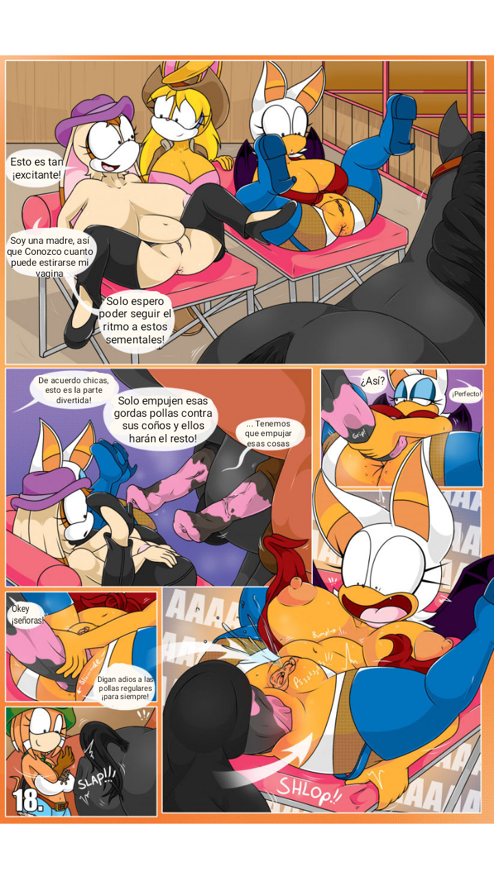 absurd res, anal, animal genitalia, animal penis, anthro, anus, archie comics, barn, bunnie rabbot, chaps, clothed, clothing, comic, cowboy hat, equid, equine, female, female penetrated, feral, feral on anthro, footwear, genitals, group, hat, headgear, headwear, hi res, high heels, horse, horsecock, legwear, lying, male, male penetrating, male penetrating female, male/female, mammal, on back, penetration, penis, pussy, rouge the bat, shoes, slap, slightly chubby, sonic (series), sonic adventure, sonic the hedgehog (archie), sonic the hedgehog (comics), spanish text, stockings, text, tikal the echidna, tinydevilhorns, topless, vanilla the rabbit, zoophilia
