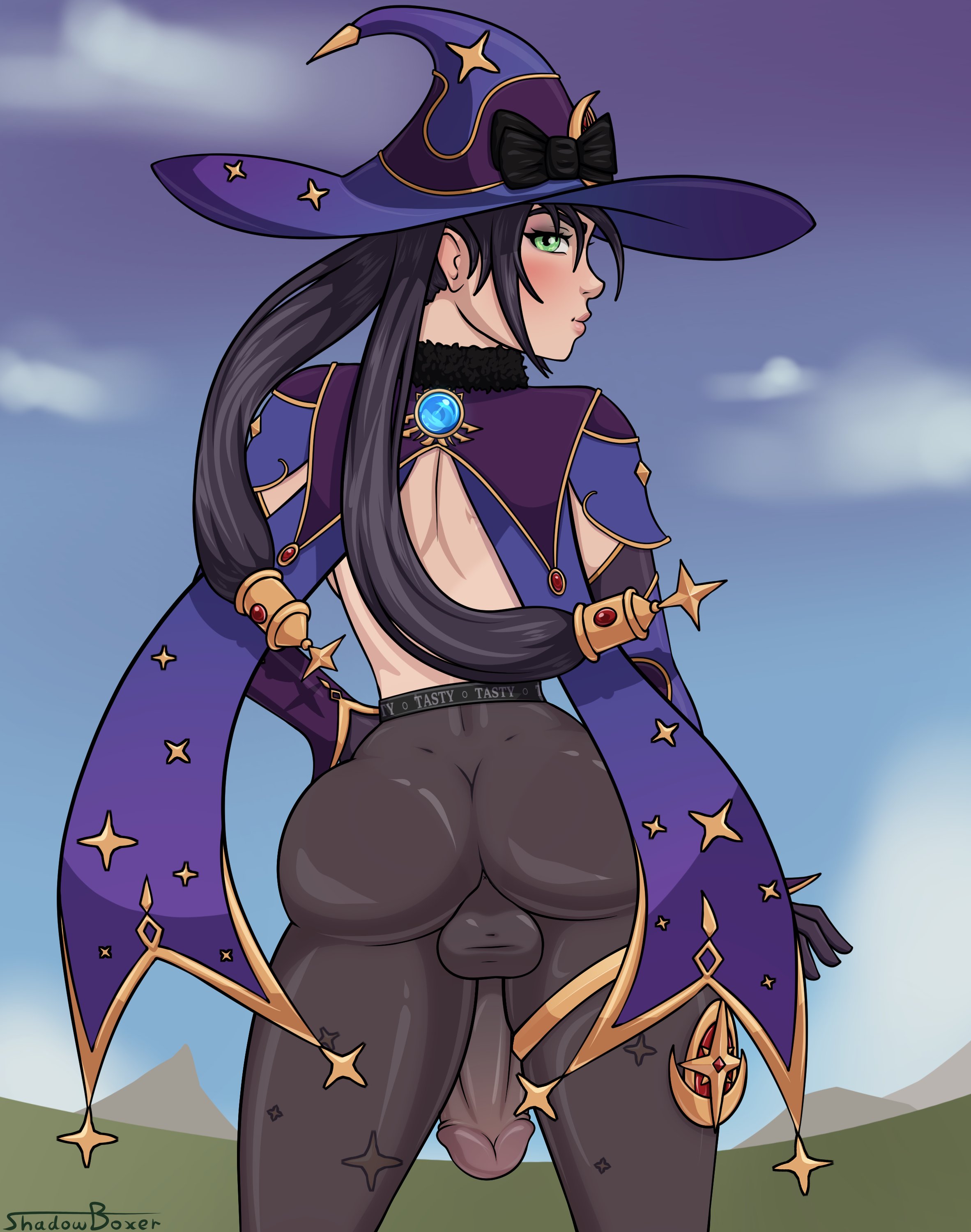 1futa, ass, back, backsack, balls, ballsack, big ass, big penis, breasts, bulge, casual, clothed, clothing, elbow gloves, erection, erection under clothes, futa only, futanari, genitalwear, genshin impact, gloves, hat, human, intersex, leggings, light skin, light-skinned futa, looking at viewer, looking back, mona (genshin impact), pale skin, pantyhose, partially clothed, penis, penis under clothes, shadowboxer, solo, standing, thick thighs, topless, twintails, wide hips