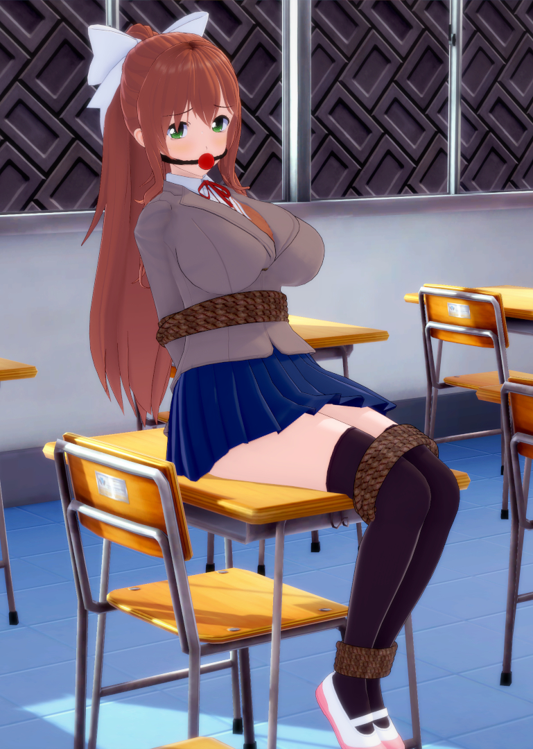 1girls ball_gag big_breasts bondage breasts classroom clothed_female clothing damsel_in_distress desk doki_doki_literature_club female female_only gag gagged green_eyes looking_at_viewer mamaluigilovesyou monika_(doki_doki_literature_club) on_desk rope rope_bondage school_desk school_uniform sitting sitting_on_desk solo solo_female tied_up