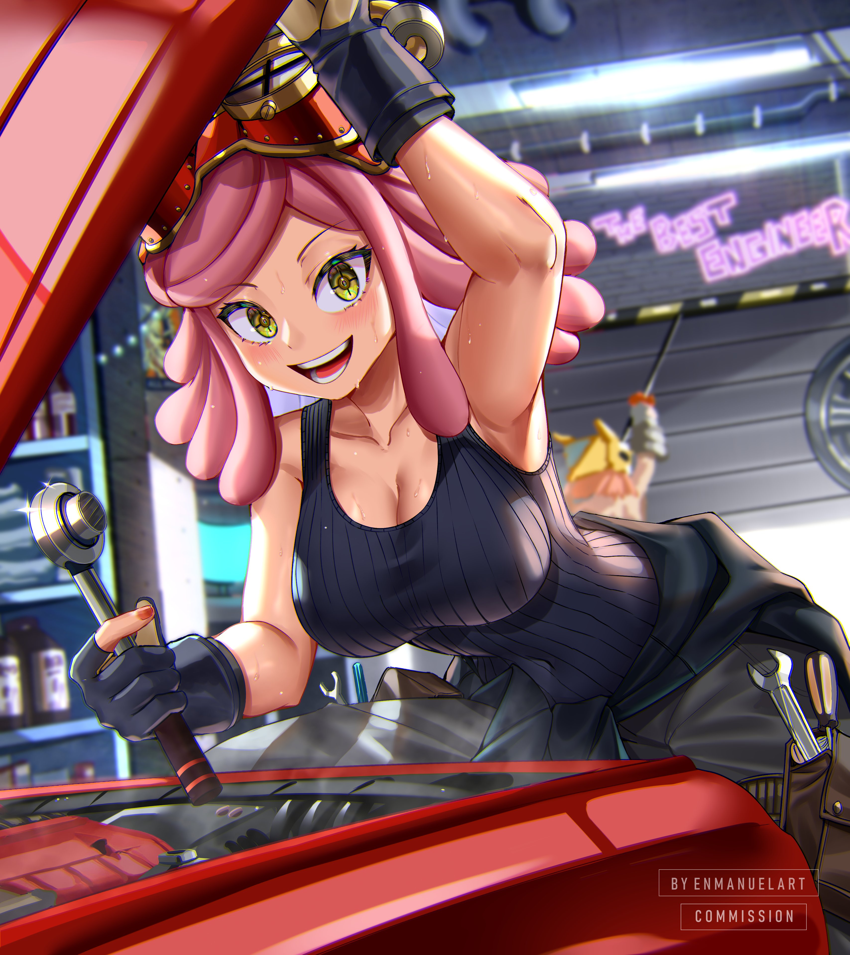 1boy, 1girls, armpits, big breasts, blush, blushing at viewer, breasts, car, clothed, clothing, enmanuelart20, female, garage, gloves, goggles, goggles on head, hi res, long hair, looking at another, looking at viewer, male, mechanic, mei hatsume, my hero academia, pink hair, pink-haired female, power loader, smile, smiling, smiling at viewer, steam, steamy, sweat, sweatdrop, sweaty, sweaty armpits, sweaty body, working, yellow eyes