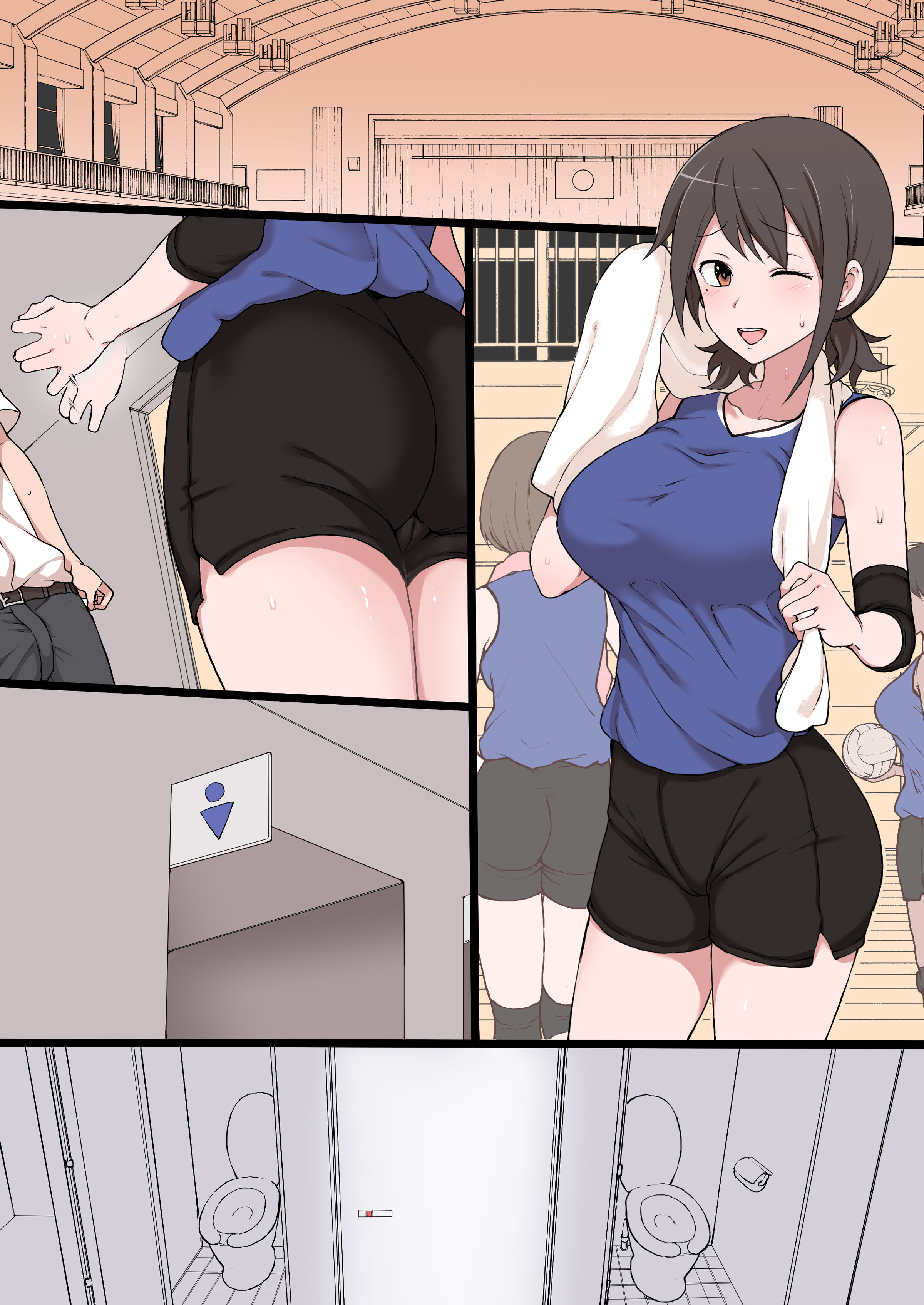 ;d, :d, 1boy, 1girls, absurdres, ass, bathroom, black hair, breasts, brown eyes, doujinshi, female, gym uniform, high resolution, highres, indoors, invitation, inviting to sex, looking at viewer, male, masturbation gesture, one eye closed, original, smile, terasu mc, textless, toilet