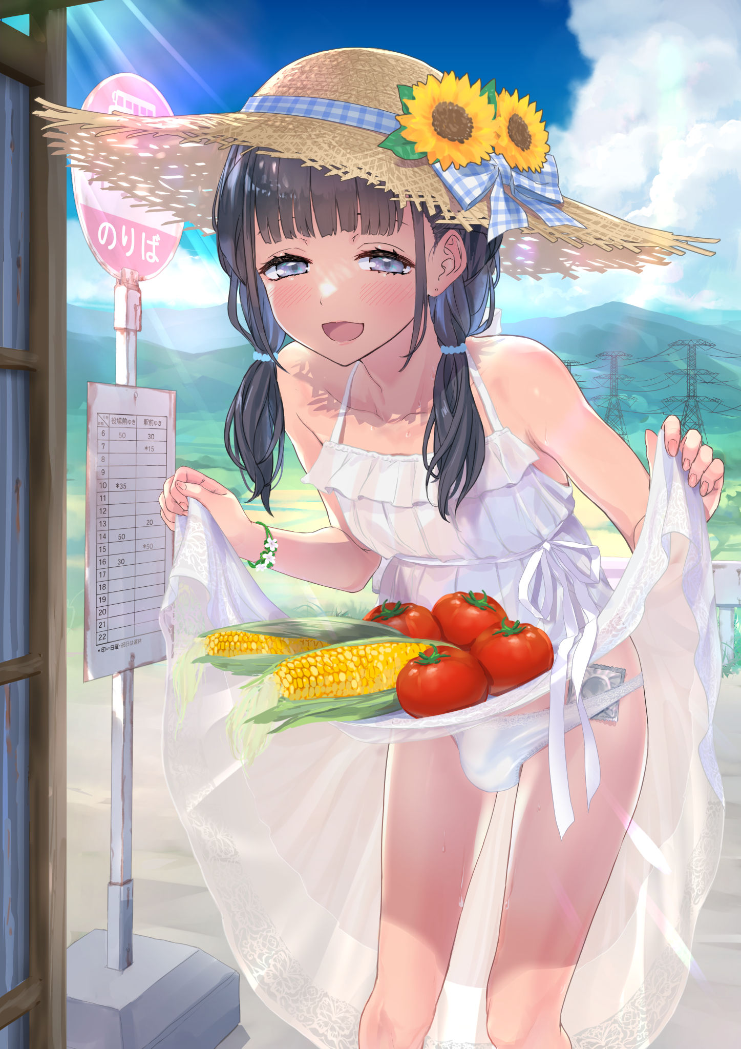 1boy, balls, balls in panties, bangs, brown hair, bulge, clothed, clothing, condom, condom wrapper, detailed background, dress, dress lift, femboy, food, hat, human, leaning forward, light skin, light-skinned male, male, male only, mostly nude, onomi9ta, pale skin, panties, penis, penis in panties, short hair, sidelocks, solo, standing, sun hat, topless, trap, wide brim hat