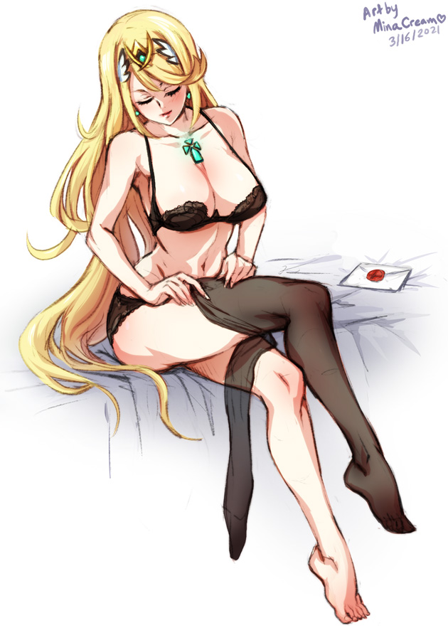 1girls, big breasts, black panties, blonde hair, bra, breasts, cleavage, female, female only, large breasts, letter, lingerie, minacream, mythra, panties, solo, super smash bros., underwear, very long hair, xenoblade chronicles 2