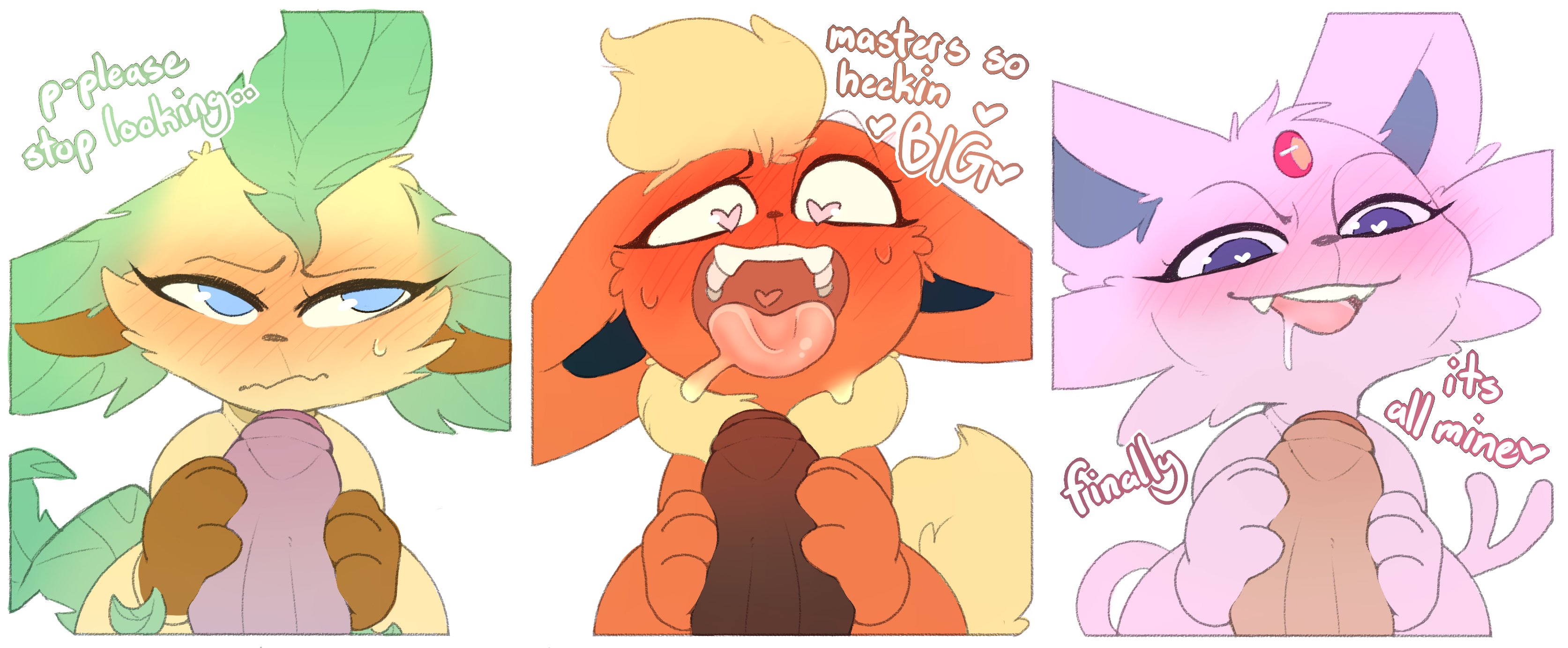 <3 eyes, absurd res, ambiguous gender, backsash, blush, bodily fluids, drooling, eeveelution, english text, espeon, fellatio from feral, feral, flareon, genitals, heart, hi res, human, human on feral, human penetrating, leafeon, male, male on feral, male/ambiguous, mammal, nintendo, open mouth, oral, penile, penis, pokemon, pokemon (species), saliva, sex, smile, teeth, text, tongue, tongue out, video games, zoophilia