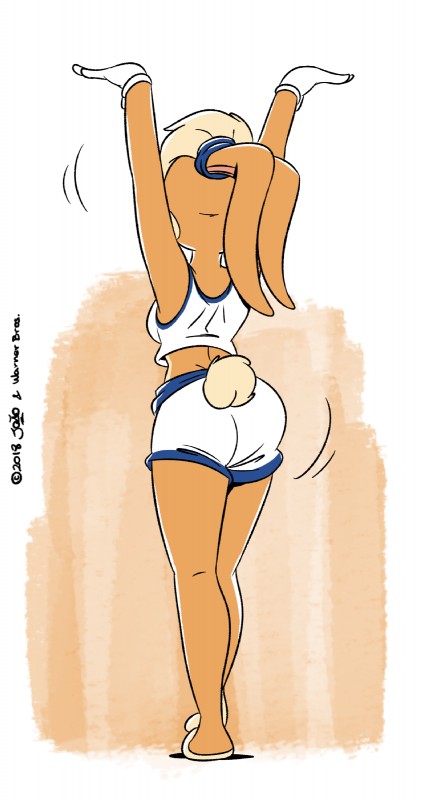 1girls, 2018, ass, basketball uniform, blonde hair, brown background, female, female only, furry, joaoppereiraus, lola bunny, looney tunes, rabbit, short hair, space jam, tagme, tan fur, warner brothers, white background, white border