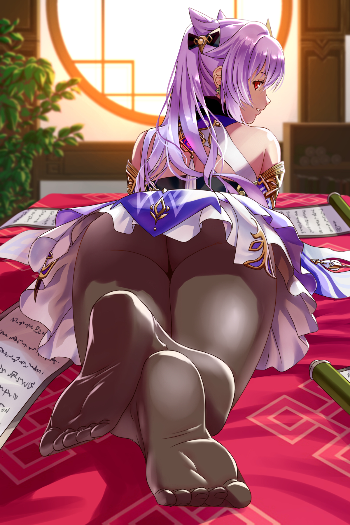 1girls, ass, dress, feet, female, female only, genshin impact, keqing (genshin impact), looking back, lying, on stomach, pantyhose, purple hair, red eyes, solo, solo female, swichbox01, thick, thick ass, thick thighs