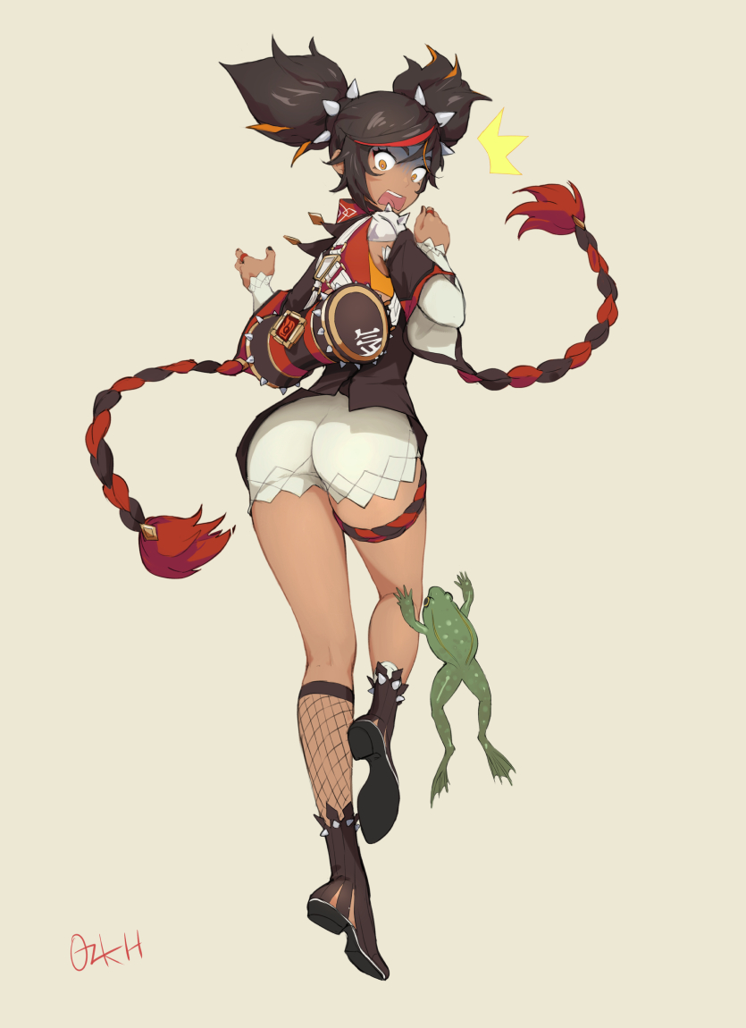 1girls, ass, black hair, dark skin, dark-skinned female, female, frog, genshin impact, long hair, long legs, mihoyo, ozkh, petite, pigtails, scared, simple background, surprised, teenager, thick thighs, xinyan (genshin impact), yellow eyes