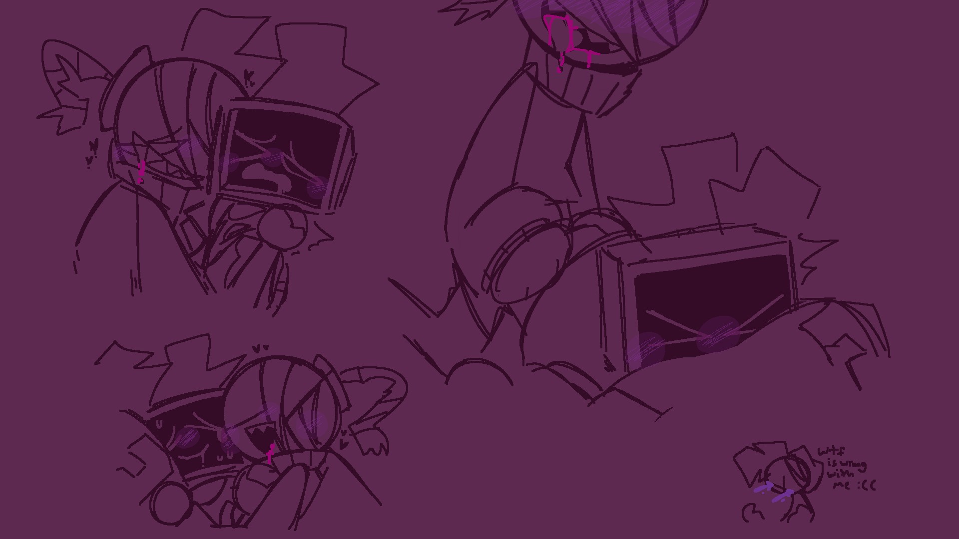 bedroom, blood, blush, doodle, friday night funkin, gay, grabbing from behind, hex (yingyang48), male, male only, pillow grab, pink background, pink blood, robot, sweat, whitty (beloveddeimos), whitty (friday night funkin)