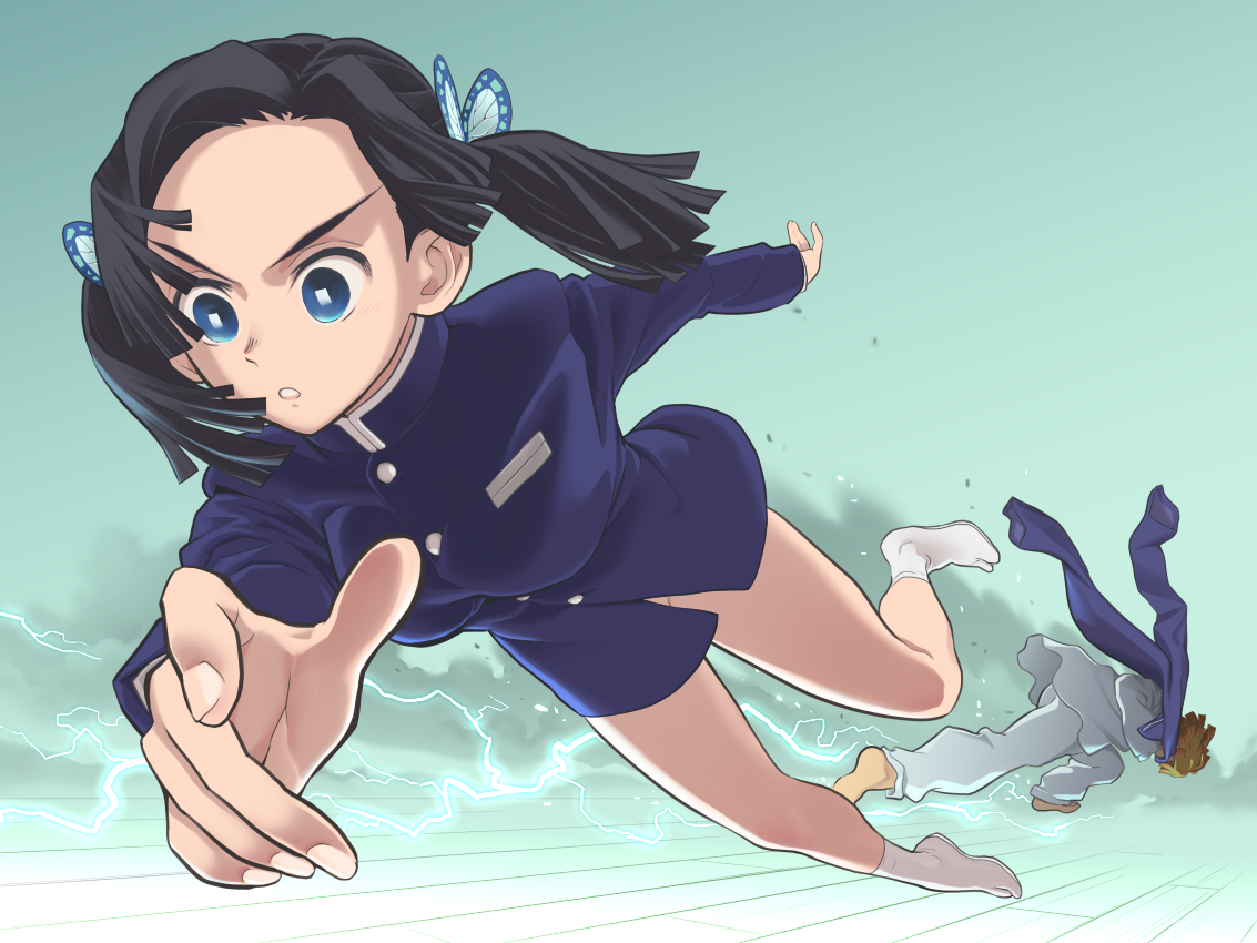 1boy, 1girls, black hair, blue eyes, bottomless, butterfly hair ornament, clothes removed, demon slayer, female, funny, kanzaki aoi (kimetsu no yaiba), kimetsu no yaiba, male, pants removed, sexual harassment, tabi, twintails, unicorn, yy-66, zenitsu agatsuma