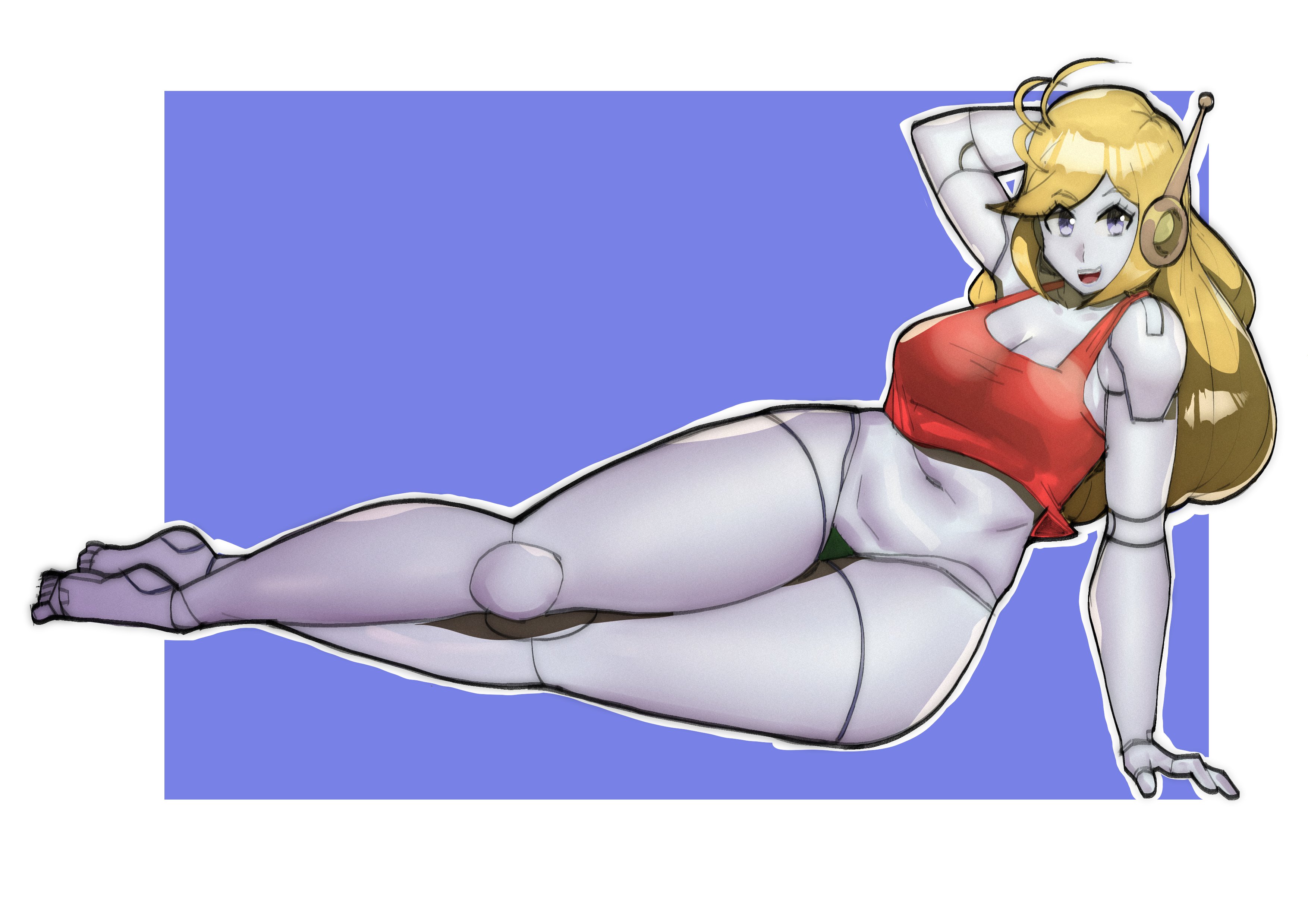 blonde hair, breasts, cave story, clothed, curly brace, doublehero, female, large breasts, long hair, pinup, pose, red tank top, robot, sitting, tank top, white background, wide hips