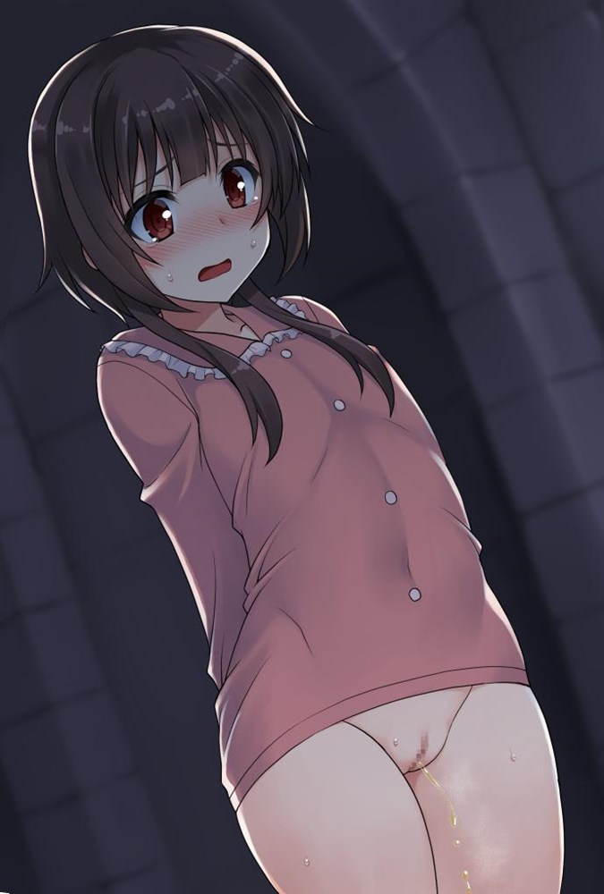 1girls, blush, brown hair, censored, female, female only, kono subarashii sekai ni shukufuku wo!, megumin, mosaic censoring, open mouth, peeing, pussy, red eyes, sweat, underwear, urine stream