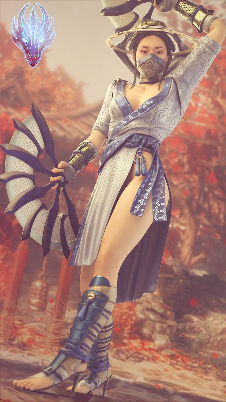 1girls, 3d, cute, female, female only, hat, kimono, kitana, kitana (endless summer), legs, mortal kombat, mortal kombat 11, pose, solo