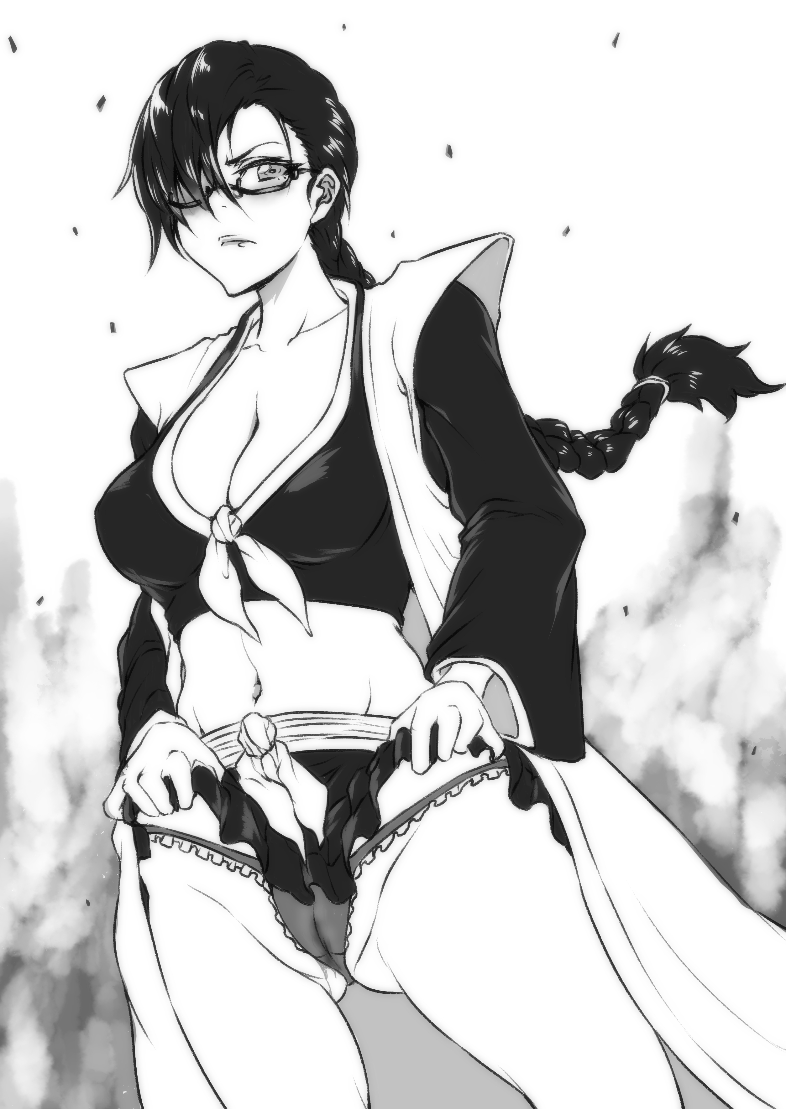 1girls, adapted costume, alternate costume, artist request, bangs, big breasts, bleach, braid, braided ponytail, breasts, cameltoe, center opening, cleavage, clothed, clothed female, clothing, crop top, female, female only, glasses, kimono, lifted by self, lisa yadomaru, long hair, midriff, miniskirt, monochrome, no bra, panties, pinup, ponytail, presenting, presenting panties, presenting pussy, presenting self, pussy, revealing clothes, skirt, skirt lift, solo, solo focus, standing, tied shirt, underwear, yadoumaru lisa