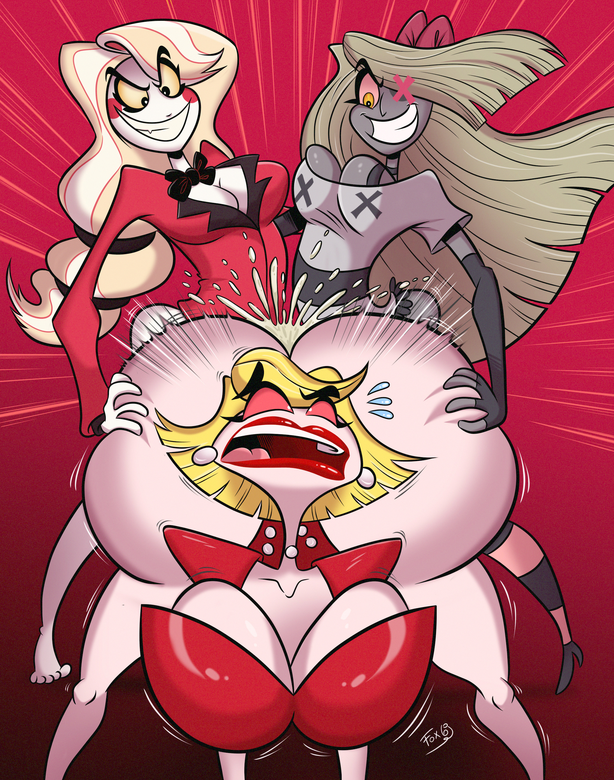 1girls, 2futas, ambiguous penetration, ass, ass grab, balls, bent over, big ass, big breasts, bimbo, blonde hair, bob cut, bottomless, bouncing breasts, breasts, canon couple, charlie morningstar (hazbin hotel), cleavage, clothed, clothed sex, clothing, cum, cum inside, demon, demon girl, double penetration, duo, earrings, elfox691, female, from behind, from behind position, front view, futa on female, futanari, goth, grabbing ass, grey skin, hazbin hotel, huge ass, huge breasts, huge cock, humanoid, implied futa, implied sex, intersex, katie killjoy, light skin, light-skinned female, light-skinned futa, long hair, open mouth, pale skin, partially clothed, penis, rape, raped, rough sex, short hair, small dom big sub, smaller futa, smooth skin, standing, standing sex, vaggie, vaggie (hazbin hotel), voluptuous, white skin, wide hips, yellow hair, yuri