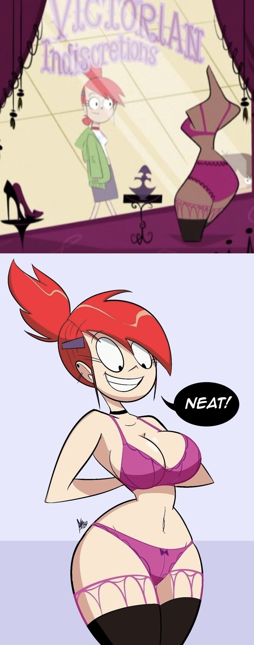 cartoon network, female, foster's home for imaginary friends, frankie foster, lingerie, panties, red hair, tagme, thick thighs, thighhighs, thin waist, wide hips