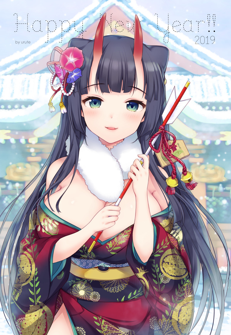 1girls 2019 arrow_(projectile) bangs bare_shoulders black_hair blush breasts cleavage day female green_eyes hair_ornament horns japanese_clothes kimono large_breasts long_hair looking_at_viewer miyano_ururu new_year oni oni_horns open_mouth original outdoors sash shrine smile solo