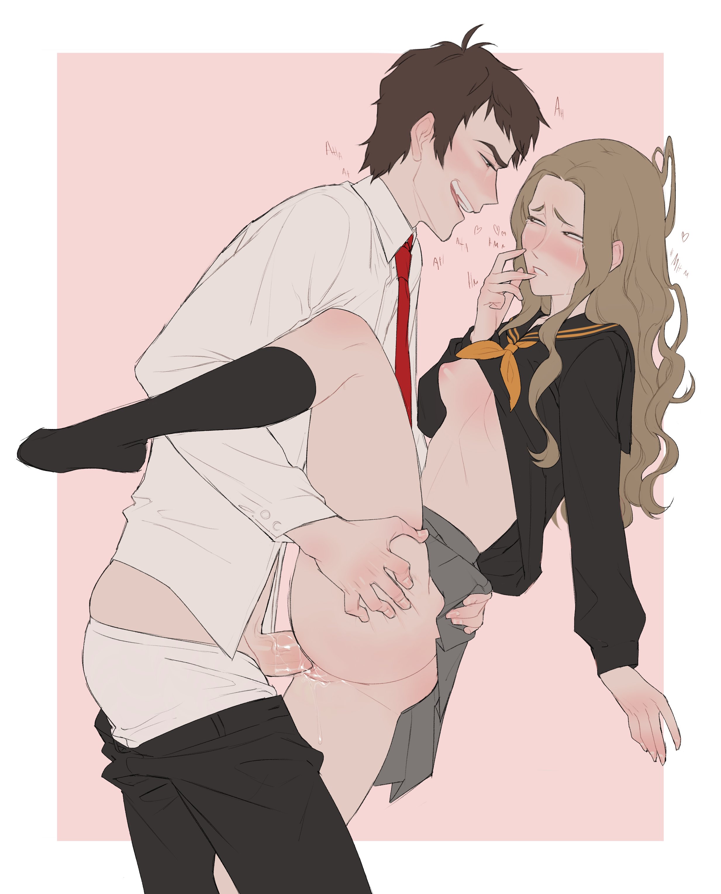 1boy, 1girls, against wall, ass, breasts, clothed sex, female, konishi saki, lacryboy, leg lift, long hair, male, melanpsycholia, nopan, one breast out, penis, persona, persona 4, pussy, school uniform, sex, skirt lift, tohru adachi, vaginal penetration