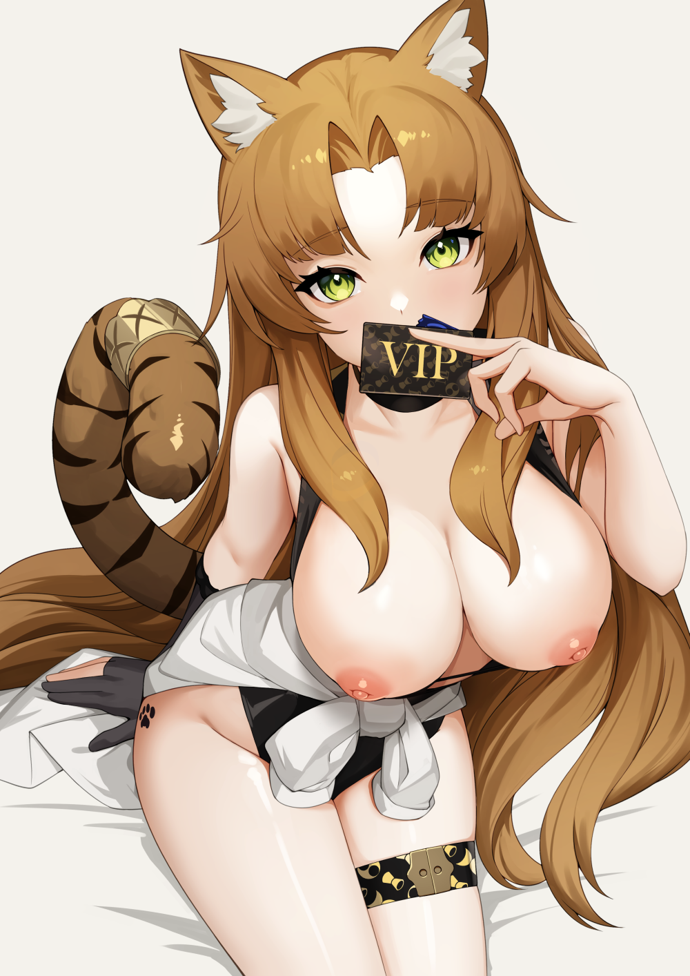 1girls animal_ears animal_tail areolae arknights bare_shoulders big_breasts breasts brown_hair condom condom_wrapper ett female female_only green_eyes light-skinned_female long_hair looking_at_viewer nipples seductive solo solo_female swire_(arknights) swire_the_elegant_wit_(arknights) tagme tail text thighs