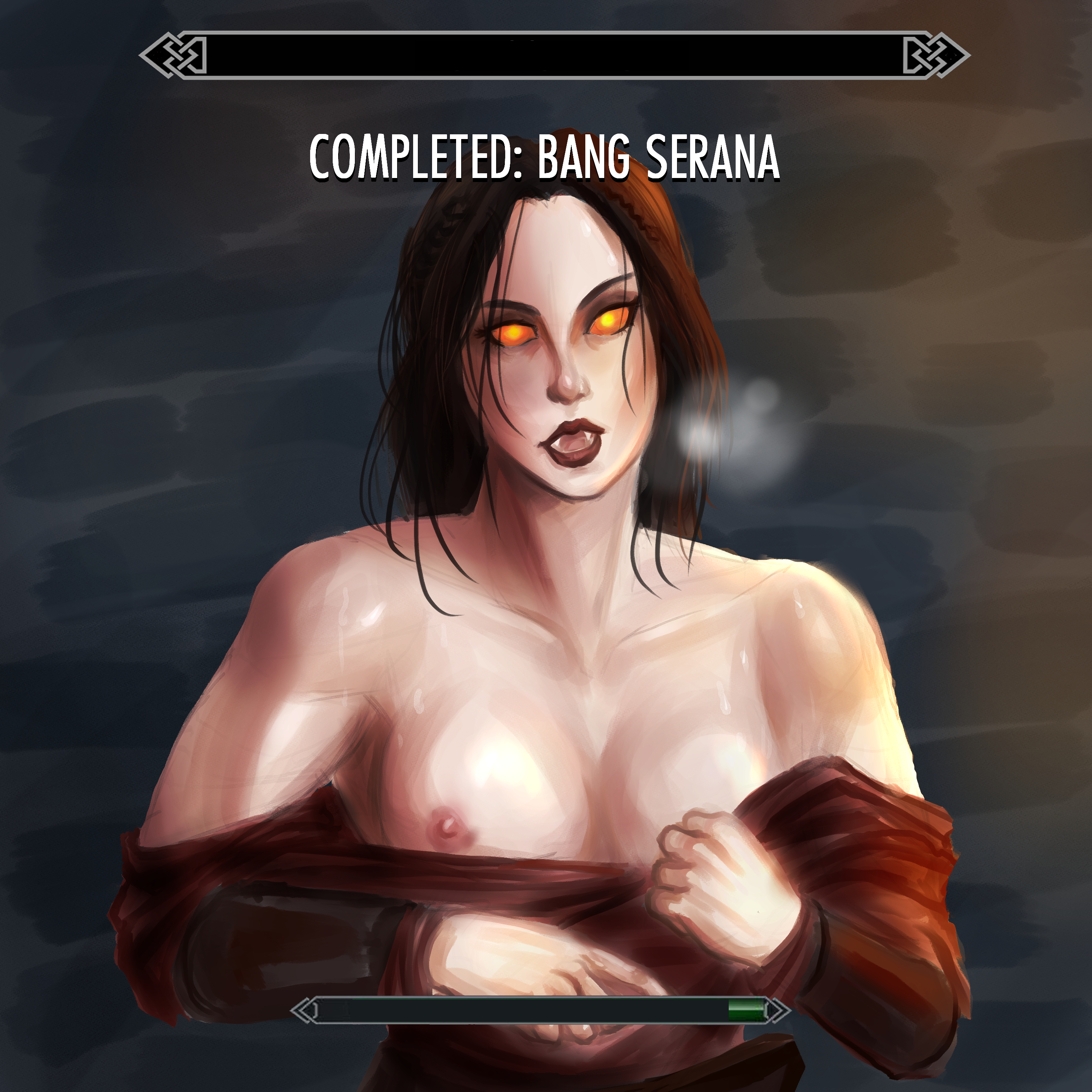 breasts, female, gameplay mechanics, glowing eyes, huge breasts, juicydragonfruit, serana, skyrim, tagme, the elder scrolls, tongue, vampire, video games