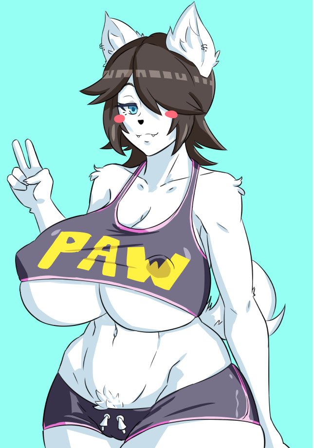 1girls 5_fingers animal_ears belly_button big_breasts black_hair blue_background blue_eyes blush blush_stickers bra breasts cleavage clothed cute_fangs duo_kawa english female female_only furry furry_only huge_breasts maggie_applebee nipple_bulge nipples_visible_through_clothing peace_sign short_hair shorts simple_background solo solo_female solo_focus thick_thighs thighs underboob v white_fur white_skin wide_hips