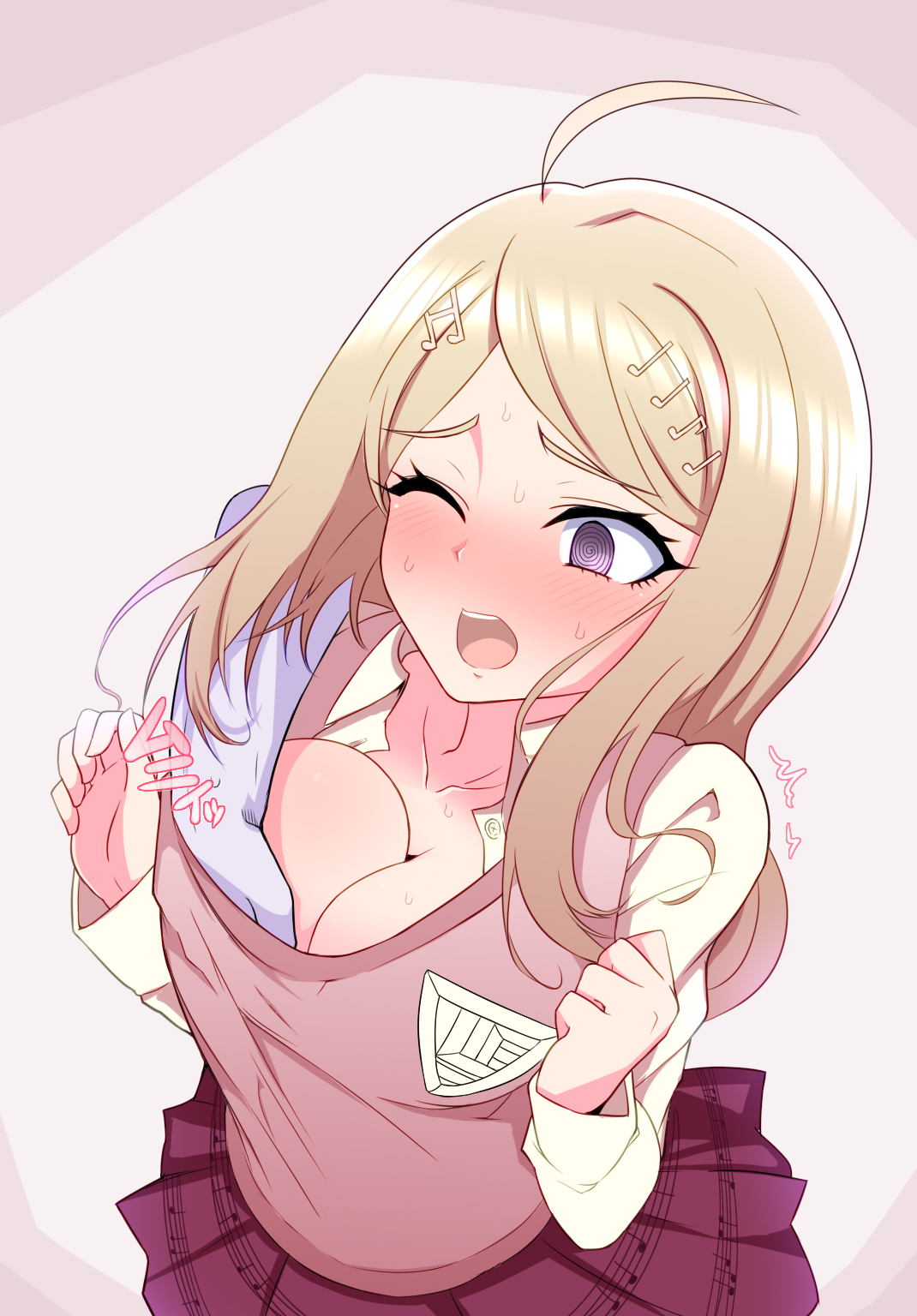 akamatsu kaede, big breasts, blonde, blush, breasts, danganronpa, female, hand under shirt, straight hair, uchiwa (artist), vest