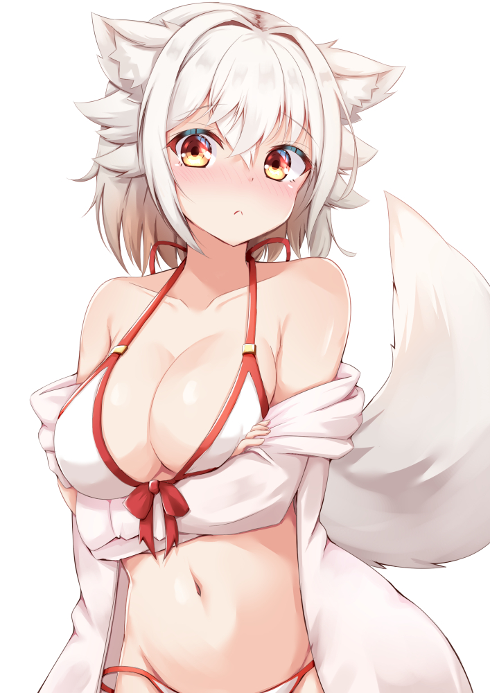 1girls, big breasts, bikini, blush, breasts, female, female focus, female only, lulu akituki, momiji inubashiri, solo, tagme, touhou, white hair, wolf, wolf ears, wolf girl, wolf tail