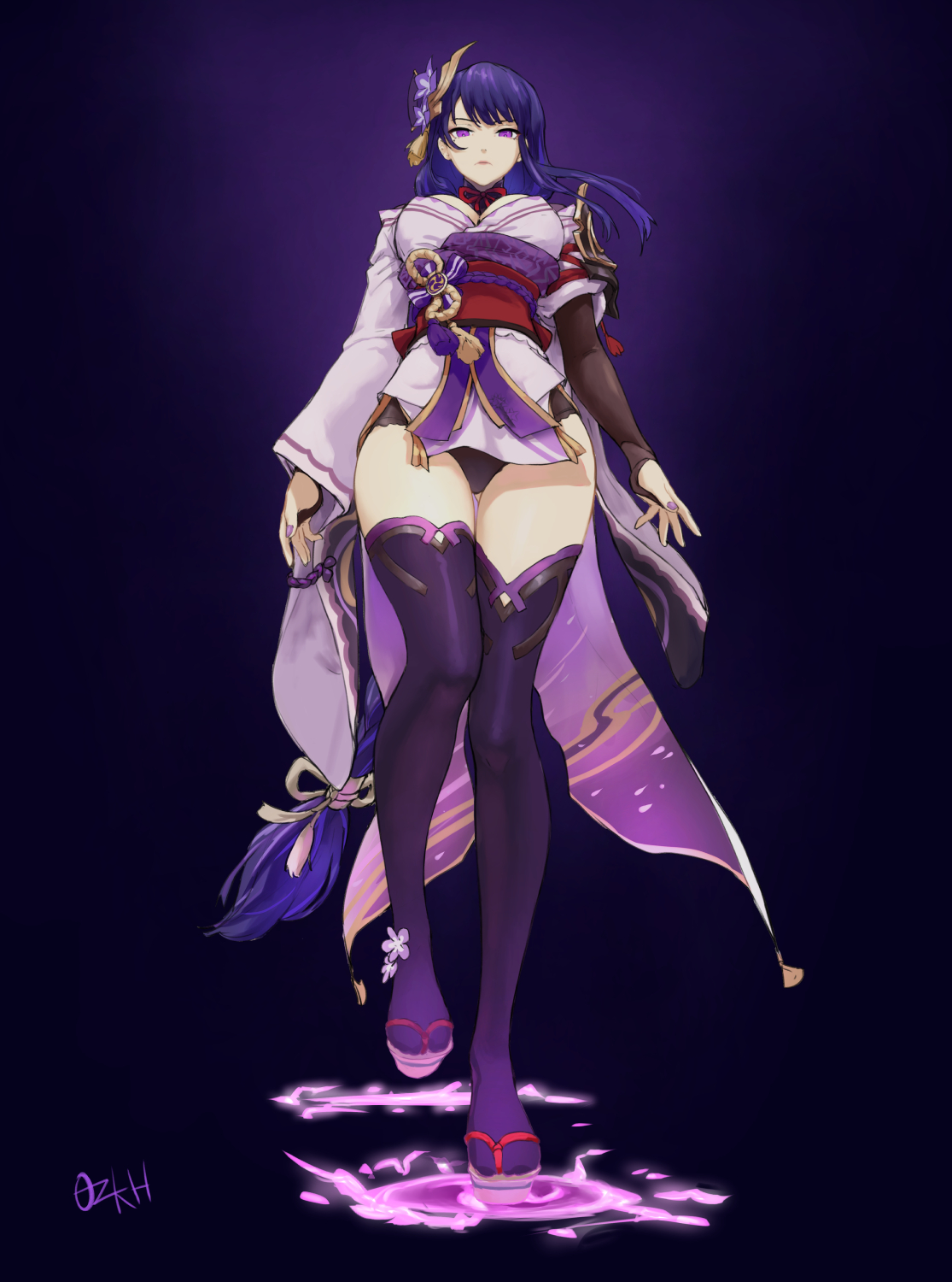 1girls, 2021, 2d, 2d (artwork), artist name, big breasts, black background, black panties, breasts, cleavage, clothed, clothed female, female, female only, genshin impact, goddess, japanese clothes, kimono, light skin, light-skinned female, long hair, looking at viewer, looking down, milf, no sex, ozkh, panties, purple background, purple eyes, purple hair, raiden shogun, simple background, solo, solo female, thick thighs, thigh gap, thighhighs, walking