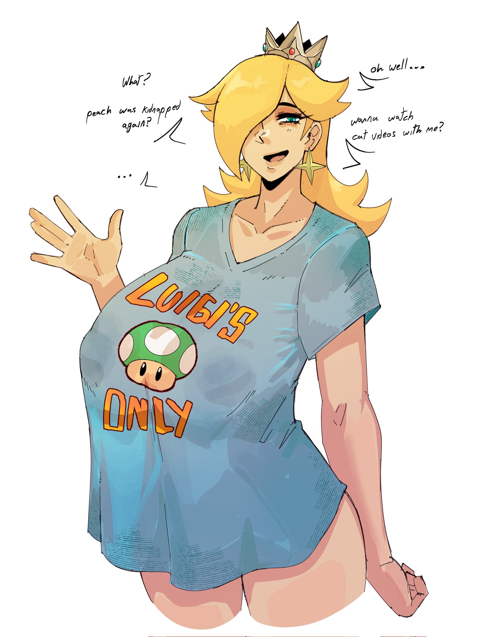1girls, big breasts, blonde hair, bottomless, cupperthesecond, female, female only, huge breasts, mario (series), nintendo, nipple bulge, rosalina, see-through, shirt, shirt only