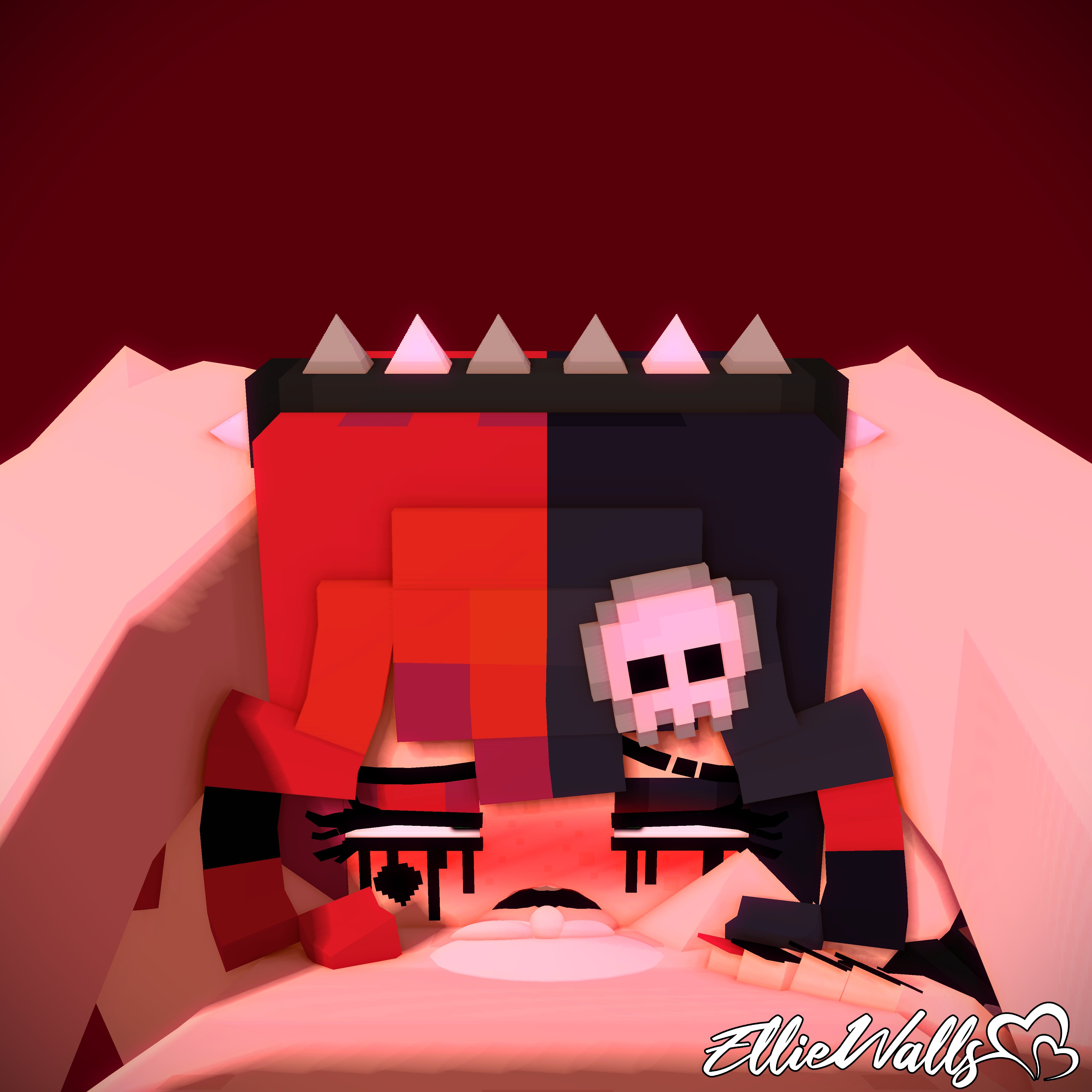 1boy, 1girls, 3d, all the way to the base, black hair, black lipstick, blowjob, cum, cum in mouth, cum in throat, cum inside, deepthroat, deepthroat holder, egirl, ellie walls (odysseyellie), eye contact, face tattoo, fellatio, female, freckles, fringe, goth, goth girl, green eyes, head grab, heart tattoo, light skin, light-skinned male, male, male pov, mascara, mine-imator, minecraft, odysseyellie, oral, penis, pov, pulling hair, pulling twintails, red hair, runny makeup, skull hair ornament, spiked hairband, straight, tattoo, throat fuck, twintails, two-tone hair