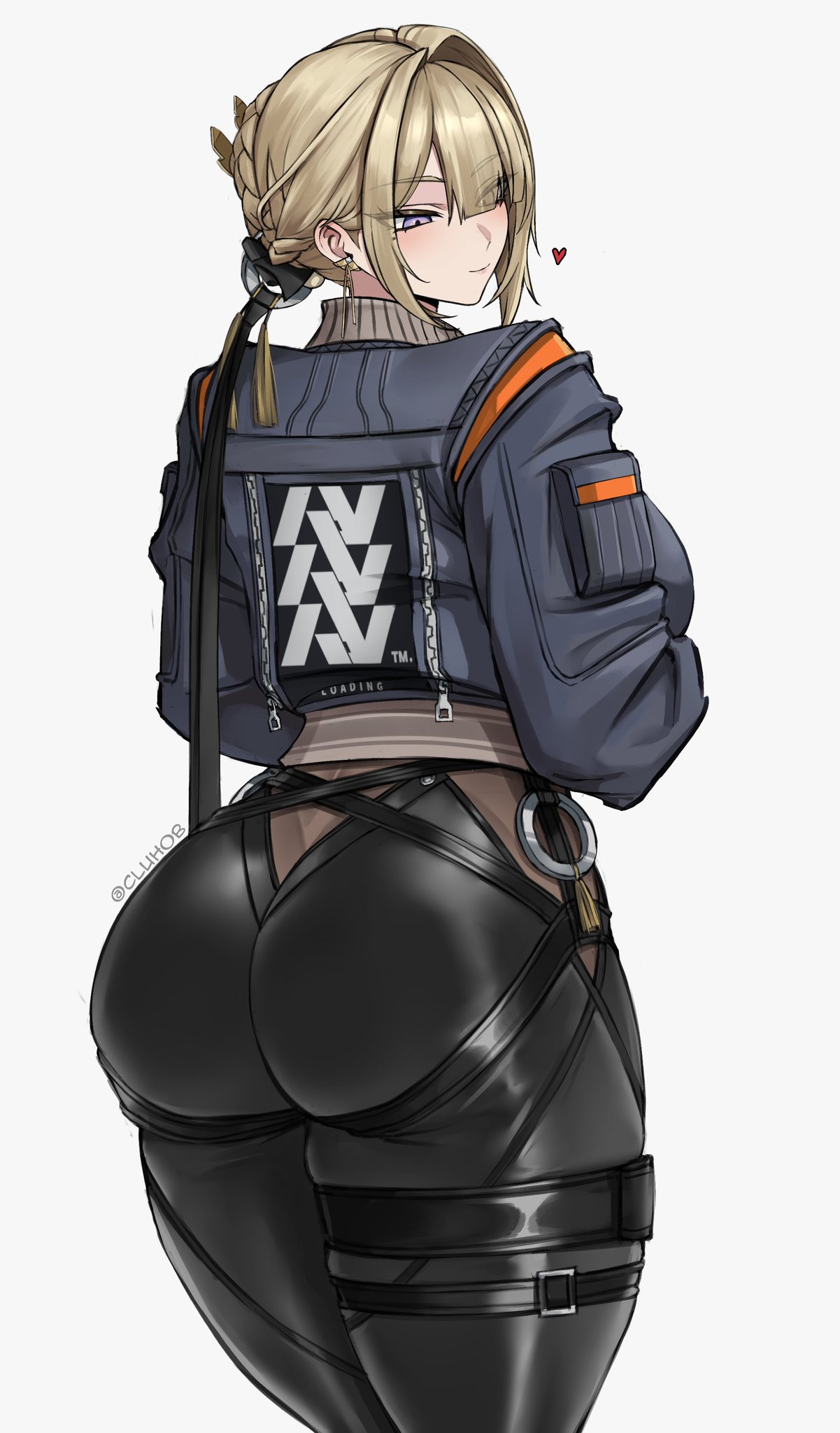 1girls, 2d, 2d (artwork), ass, back view, big ass, big butt, blonde female, blonde hair, braid, butt, cluhob, digital drawing (artwork), digital media (artwork), evelyn chevalier, female, female focus, female human, female only, hairbun, high resolution, high-waist pants, highres, hoyoverse, jacket, leather, leather clothing, leather pants, light skin, light-skinned female, looking back, mihoyo, purple eyes, ring hair ornament, sfw, solo, solo female, solo focus, standing, thick, thick ass, thick thighs, tight fit, tight pants, video game character, wearing others clothes, white background, wise (zenless zone zero) (cosplay), zenless zone zero