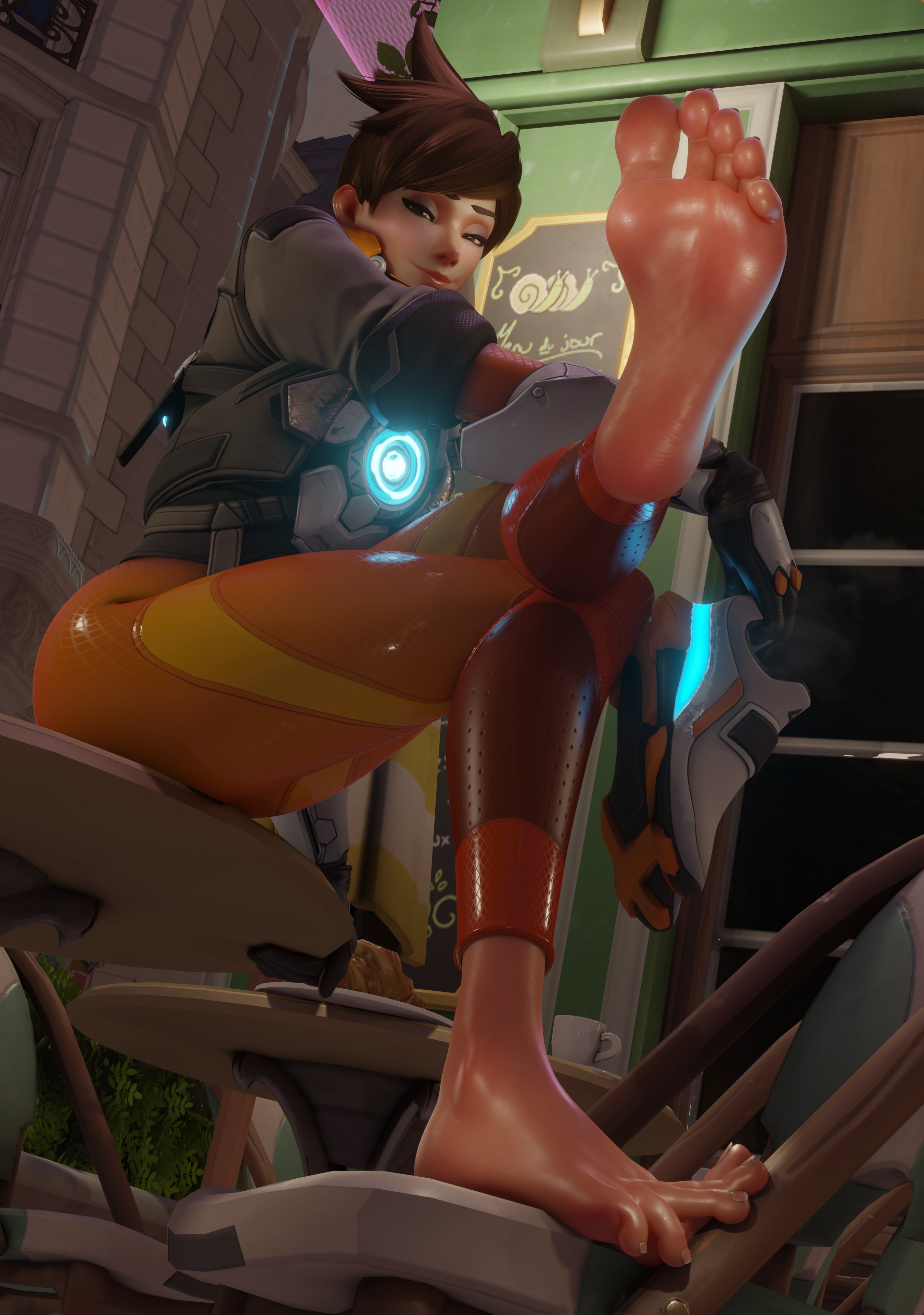 1girls, 3d, big feet, big soles, bodysuit, brown eyes, brown hair, colonelyobo, feet, full body, gloves, holding shoes, jacket, long feet, long soles, looking at viewer, overwatch, overwatch 2, sitting, smile, soles, spiked hair, syclops, toes, tracer, tracer (overwatch 2 suit)