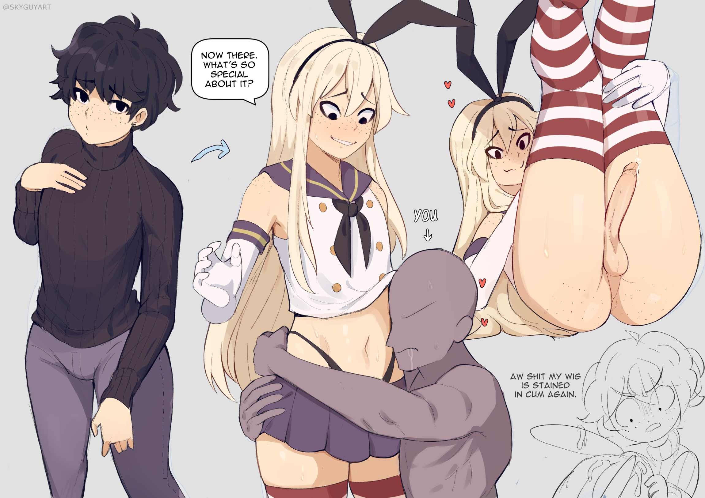 2boys, ass, balls, bottomless, clothed, clothing, cock-tail, cosplay, crossdressing, dialogue, duo, femboy, freckles, fully clothed, human, kantai collection, legs up, light skin, light-skinned male, male, male only, ms pigtails, pale skin, partially clothed, penis, presenting, shimakaze (kantai collection) (cosplay), skyguyart, solo focus, standing, text, thighhighs, trap