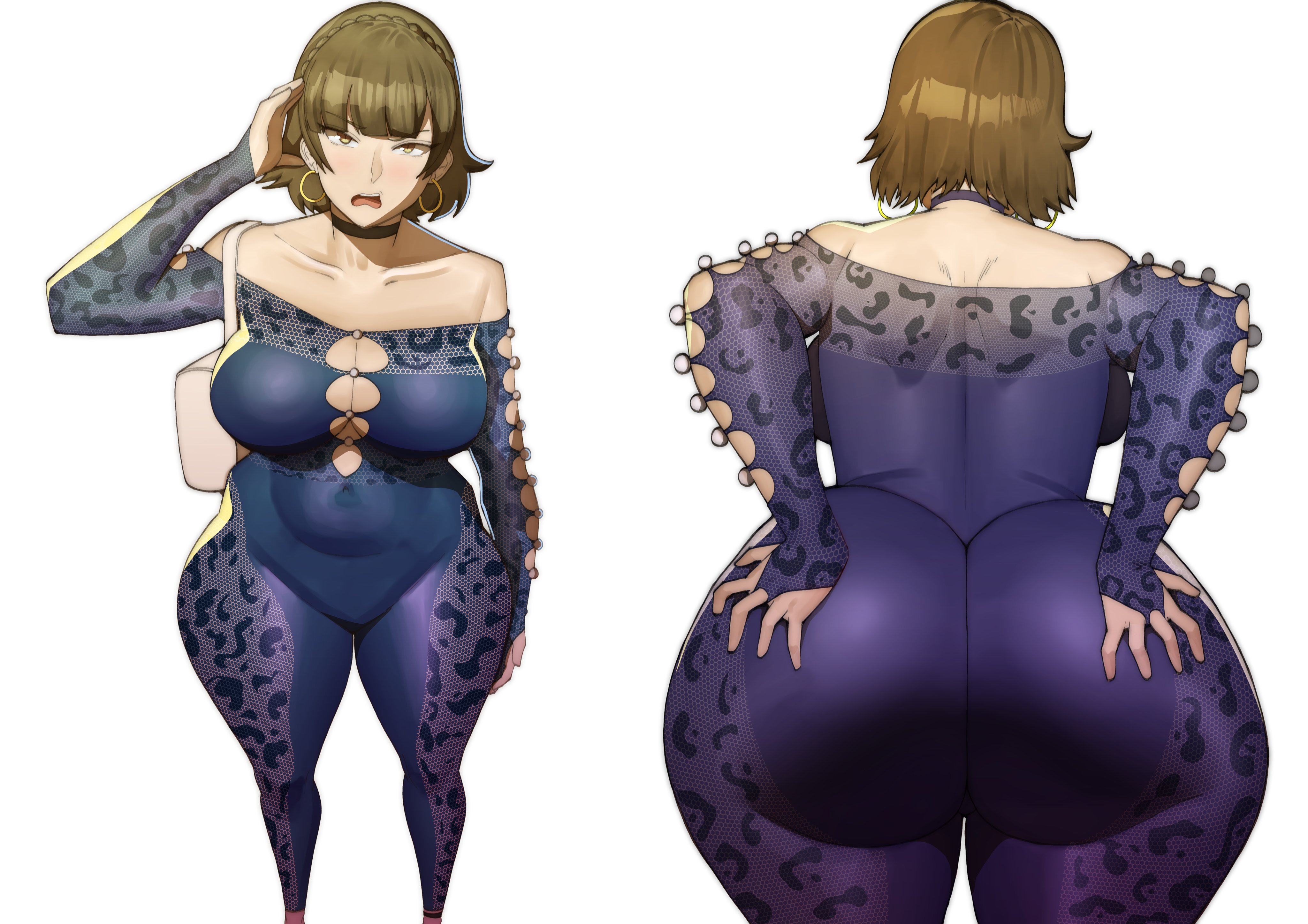ass, breasts, brown eyes, brown hair, bubble butt, cleavage, collarbone, curvy, doublehero, earrings, fat ass, female, female only, hoop earrings, huge ass, large breasts, looking at viewer, makoto niijima, massive ass, persona, persona 5, plump ass, short hair, thick, thick ass, thick thighs, thighs, whore, wide hips