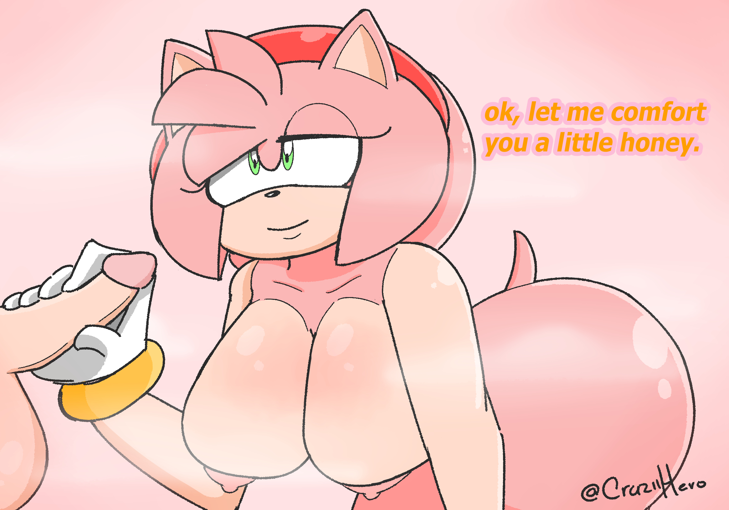 1boy, 1girls, amy rose, anthro, bent over, big breasts, breasts, disembodied penis, duo, english text, eulipotyphlan, faceless character, faceless human, faceless male, female, furry, genitals, handjob, hedgehog, hi res, huge breasts, human, human on anthro, interspecies, male, male human/female anthro, male/female, mammal, mostly nude, moxydamonsega, penile, penis, sega, sex, simple background, slight smile, sonic (series), sonic the hedgehog (series), text