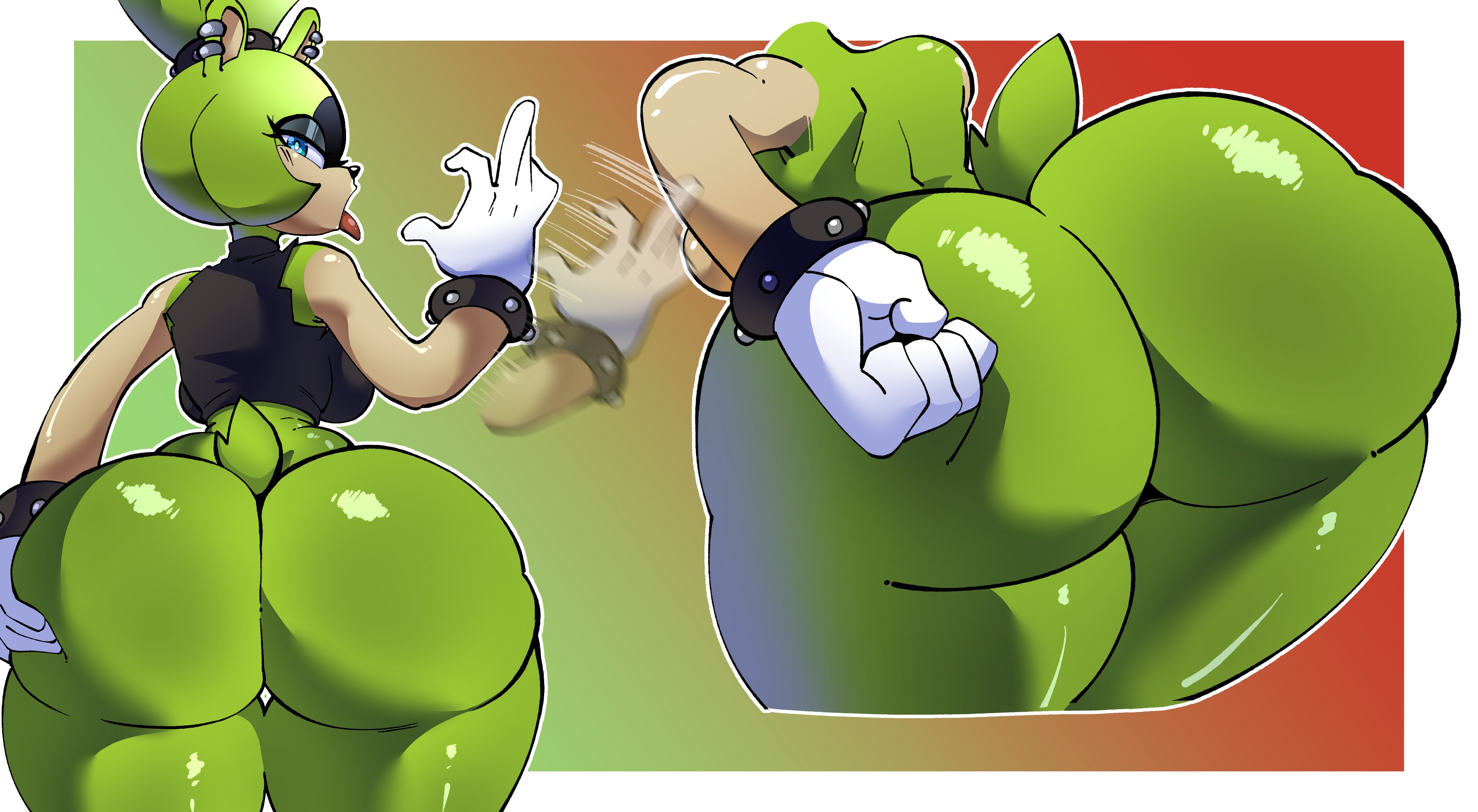 1girls, 2d, anthro, anthro female, anthro only, ass, back view, big ass, big butt, big thighs, blue eyes, bottom heavy, bubble butt, fat ass, fellatio gesture, female, female only, gt animates, looking at viewer, looking back, sega, solo, solo anthro, solo female, sonic (series), sonic the hedgehog (series), surge the tenrec, tagme, thick thighs, thighs, tongue, tongue out