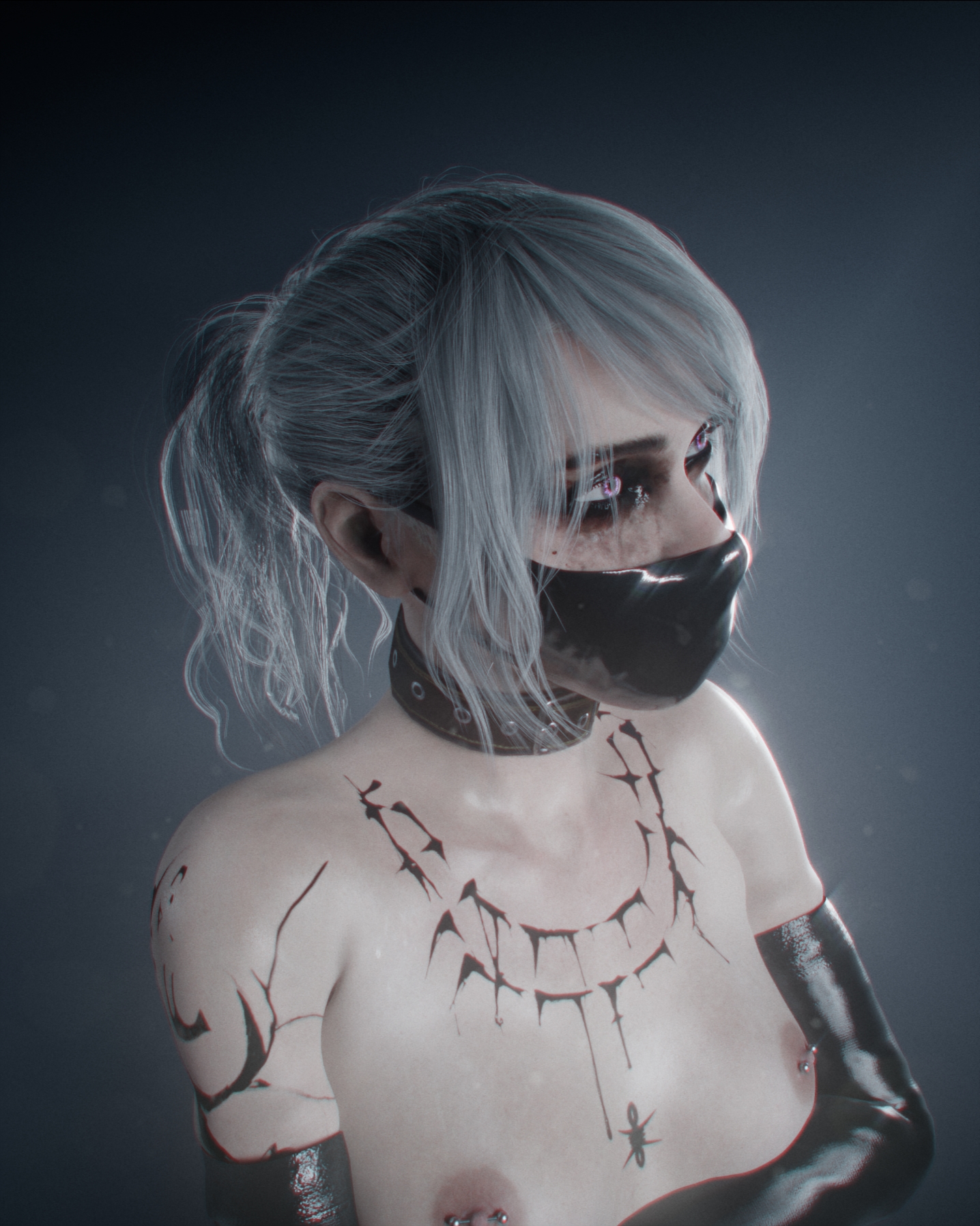 1girls, 2026, 3d, areolae, breasts, chest tattoo, collar, dbd, dead by daylight, elbow gloves, eyeshadow, face mask, female, female only, functionally nude, functionally nude female, glowing eyes, head shot, kyokwadesu, latex gloves, light skin, light-skinned female, long hair, looking to the side, mascara, mascara smear, mascara tears, mask, masked, masked female, naked, naked female, nipple barbell, nipple piercing, nipples, nude, nude female, pierced nipples, piercing, ponytail, purple eyes, sable ward, shoulder tattoo, silver hair, simple background, smudged makeup, solo, spiked collar, tattoo, tattoos, tied hair, tits, white hair