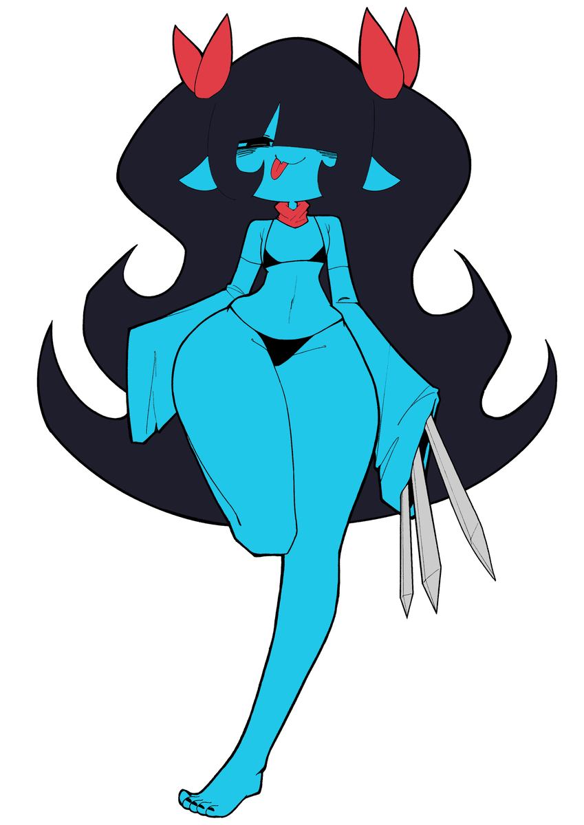 2d, 2d (artwork), aged up, aqua (deltarune), big breasts, blue skin, curvy figure, deltarune, deltarune chapter 5, hair over one eye, hss dada, looking at viewer