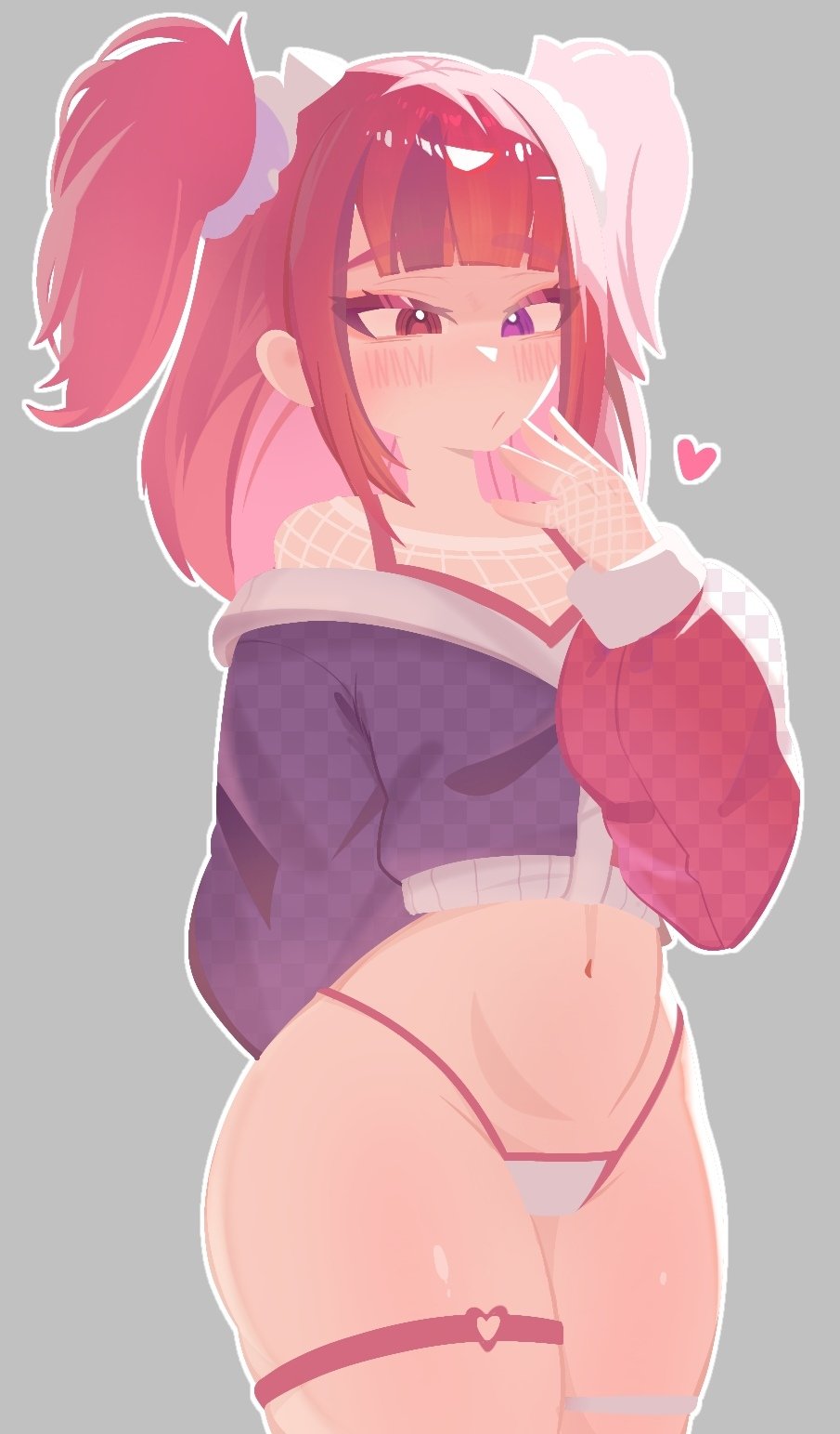 1girl, artist request, ass, big ass, big butt, big thighs, blush, bottomless, bottomless female, crop top, fishnets, fortnite, garter, hair bows, hand on own face, heart, heterochromia, indie virtual youtuber, iron mouse, ironmouse, ironmouse (decora outfit), looking at viewer, midriff, multicolored hair, navel, panties, pink hair, purple eyes, purple hair, red eyes, solo, sweater, tagme, tagme (artist), thigh strap, twintails, underwear