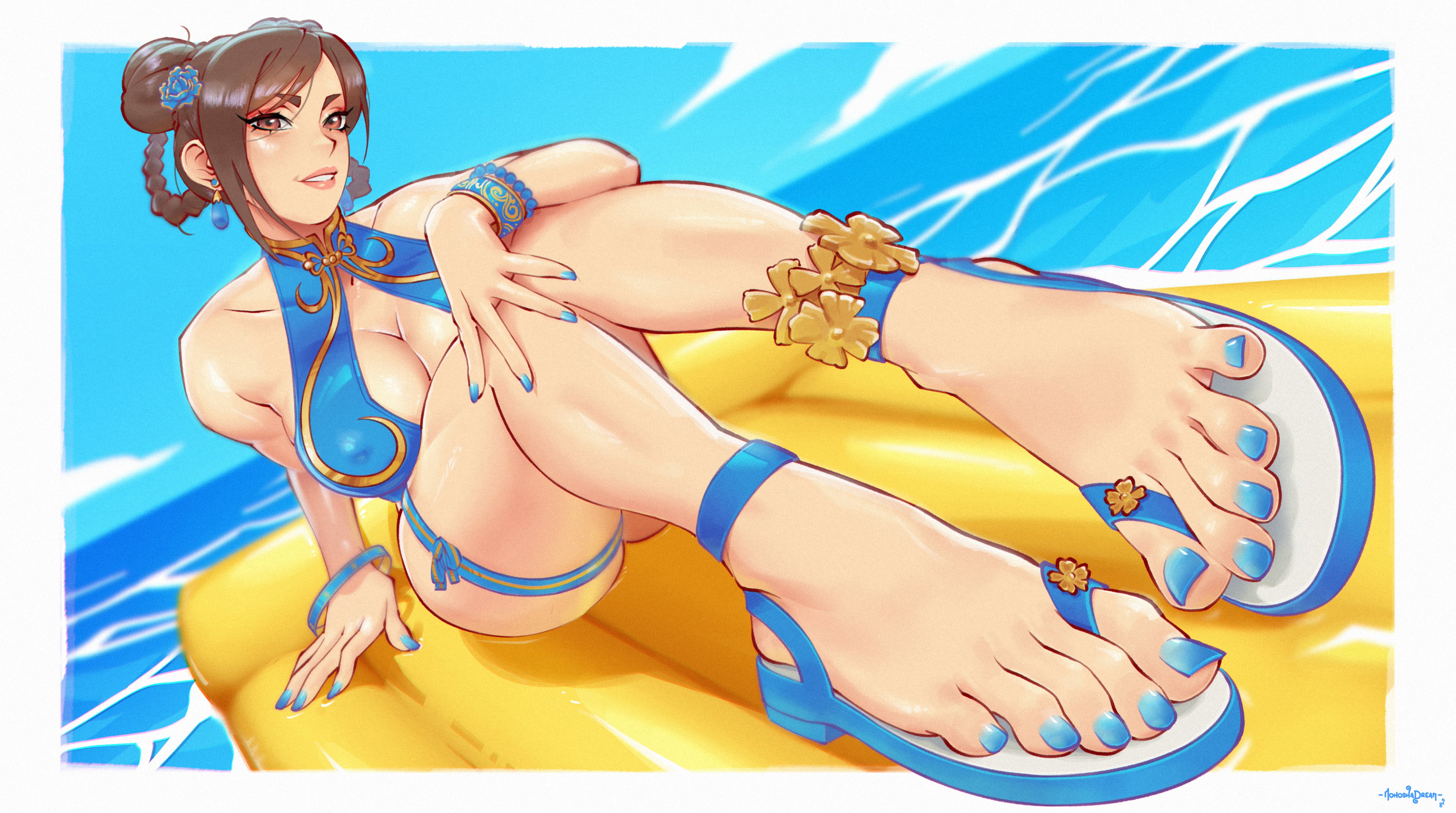 asian, asian female, bare legs, barefoot, bikini, brown hair, child bearing hips, chun-li, cleavage, cleavage cutout, cougar, feet, feet fetish, feet focus, feet together, flip flops, hourglass figure, hourglass figured female, large breasts, looking at viewer, mature, mature female, mature woman, milf, mohoshadream, one-piece swimsuit, painted nails, painted toenails, posing, posing for picture, posing for the viewer, sea, sitting, slim waist, street fighter, street fighter 6, swimsuit, swimwear, thick thighs, thigh strap, tied hair, toes, wide hips