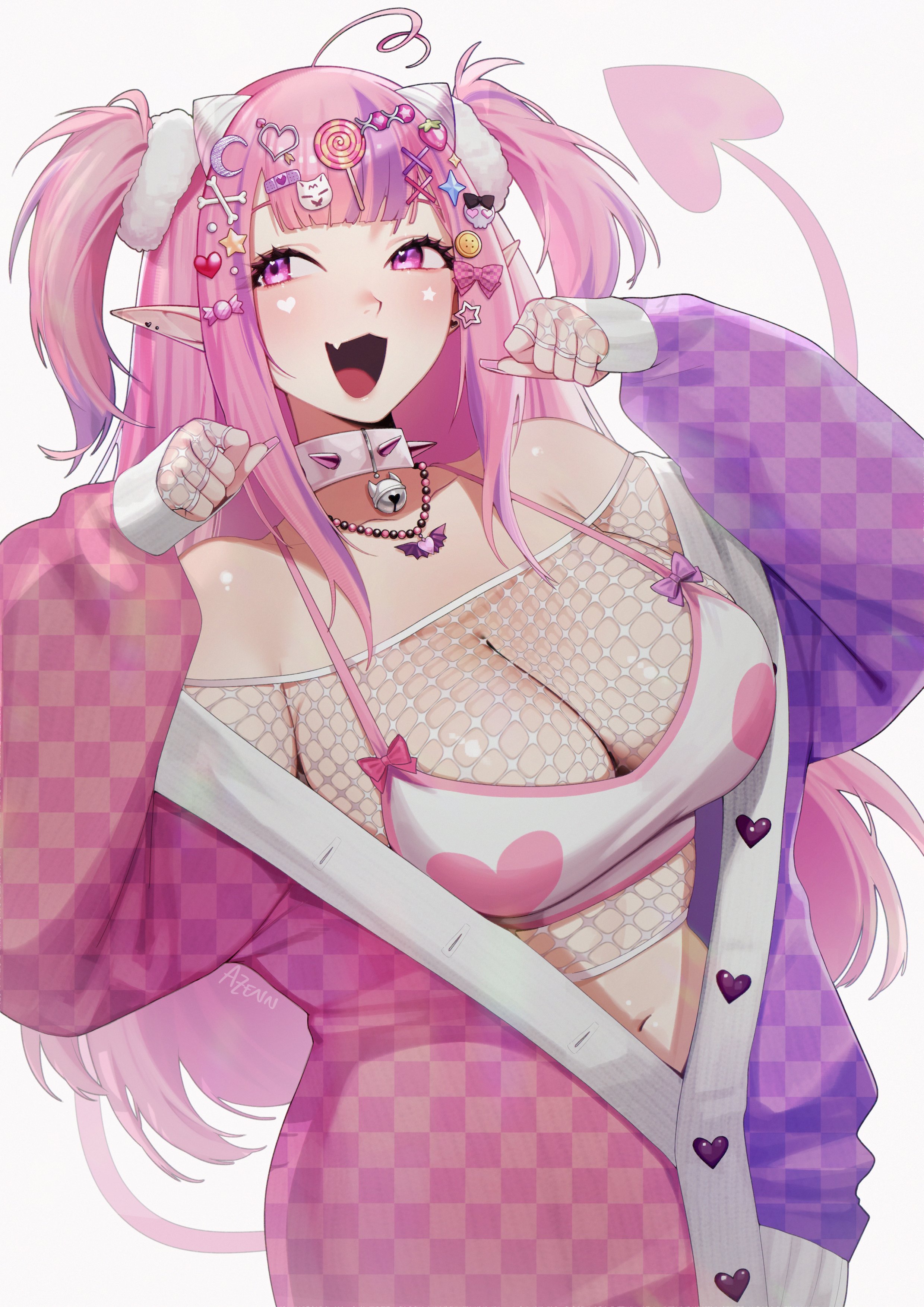 :3, 1girl, absurdres, ahoge, artist name, bandaid, bandaid hair ornament, bare shoulders, bead necklace, beads, bell, bone hair ornament, breasts, button hair ornament, candy hair ornament, checkered clothes, checkered jacket, choker, cleavage, crescent, crescent hair ornament, crop top, decora, demon girl, demon horns, demon tail, ear piercing, english commentary, fang, fingerless gloves, fishnet gloves, fishnet top, fishnets, food-themed hair ornament, gloves, hair ornament, hairclip, hands up, heart, heart ahoge, heart hair ornament, heart on cheek, highres, horns, indie virtual youtuber, ironmouse, ironmouse (decora outfit), jacket, jacket partially removed, jewelry, large breasts, lollipop hair ornament, long hair, midriff peek, multicolored hair, multicolored jacket, navel, neck bell, necklace, off shoulder, official alternate costume, open mouth, piercing, pink eyes, pink hair, pink jacket, pink nails, pink tail, pointy ears, purple hair, purple jacket, purple streaks, rabbit hair ornament, sidelocks, simple background, skull hair ornament, solo, spiked choker, spikes, star (symbol), star hair ornament, star on cheek, strawberry hair ornament, streaked hair, tail, too many hair ornaments, two side up, two-tone hair, two-tone jacket, upper body, virtual youtuber, white background, white horns, x hair ornament