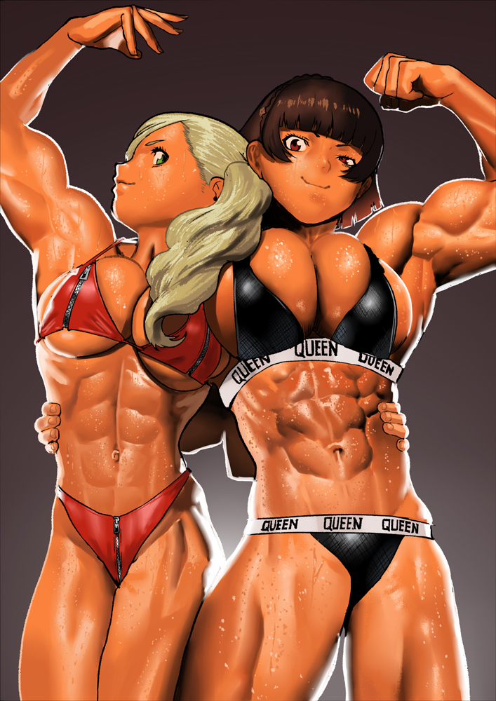 2girls abs ann_takamaki big_breasts breasts cessa cleavage female female_only flexing large_breasts makoto_niijima multiple_girls muscles muscular muscular_female persona persona_5