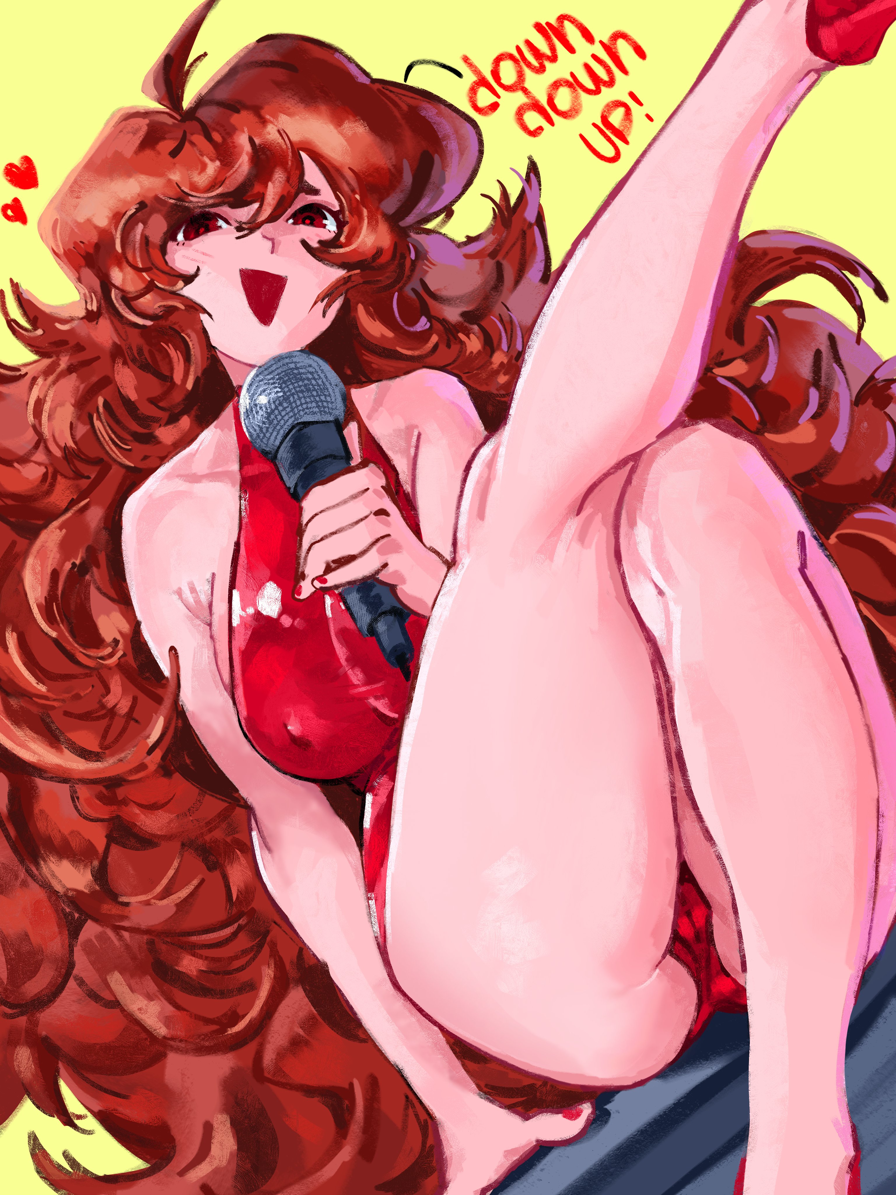 1girls, ass, auburn hair, bare arms, bare legs, bare shoulders, breasts, brown hair, cameltoe, dress, female, female focus, female only, friday night funkin, girlfriend (friday night funkin), legs, long hair, looking at viewer, microphone, mouth open, nail polish, newgrounds, nipple bulge, red dress, red eyes, tagme, text, thick thighs, tight clothing, very long hair, wide hips