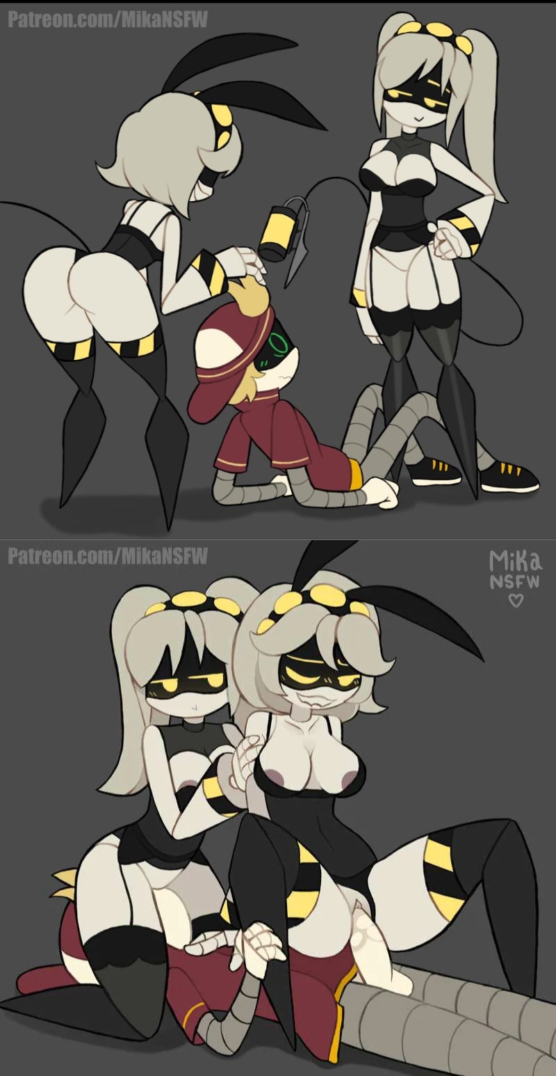1boy, 1boys, 2girl, 2girls, 2girls1boy, bunny ears, bunny girl, bunnysuit, disassembly drone, facesitting, female, femdom, glitch productions, j (murder drones), jhad, male, male/female, mikansfw, murder drones, partially clothed, questionable consent, riding, robot, robot boy, robot girl, tagme, thad (murder drones), threesome, v (murder drones), vhad, white body, worker drone