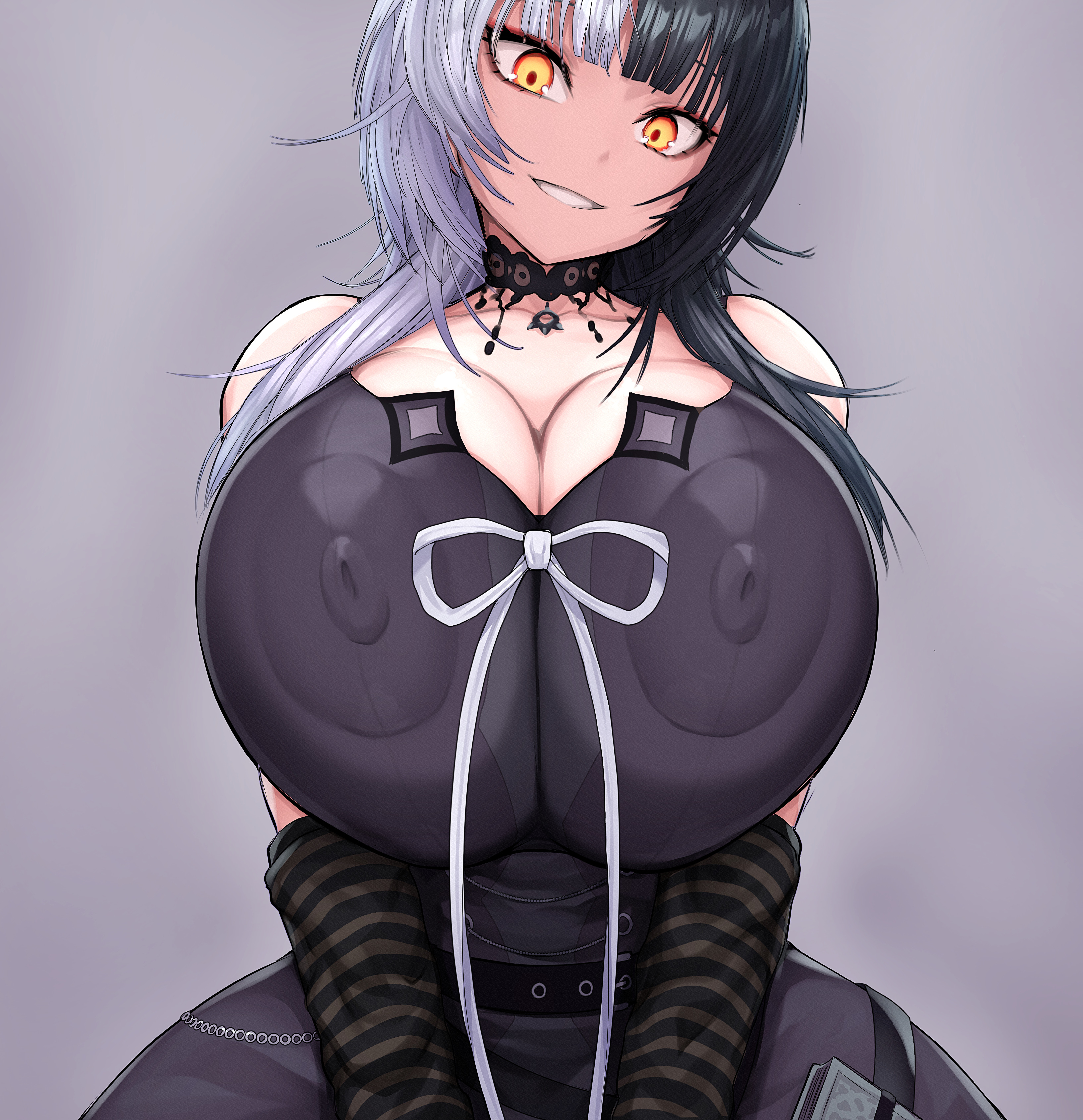 1girls, black hair, breast focus, cleavage, dress, fat tits, female only, goth, hololive, huge breasts, jadf, long hair, looking at viewer, multicolored hair, nipples, nipples visible through clothing, shiori novella, smile, two-tone hair, virtual youtuber, white hair, yellow eyes
