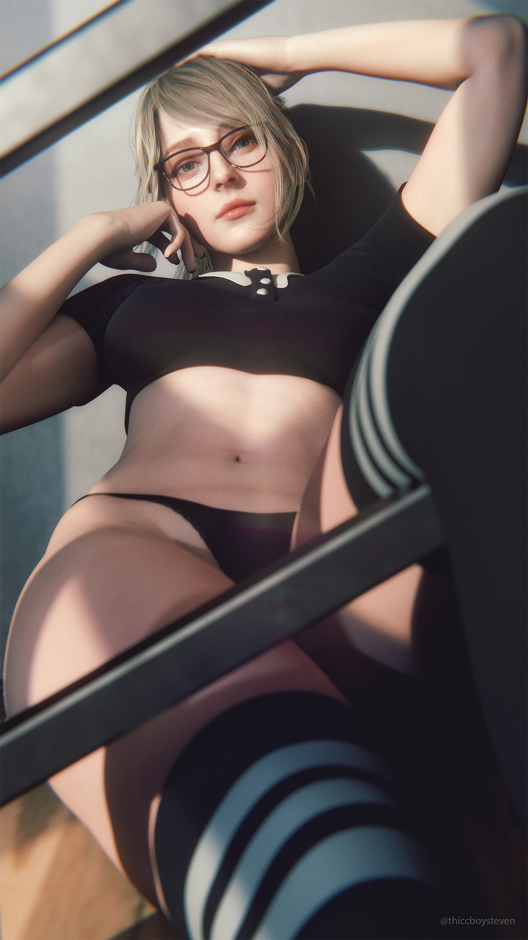 3d, ashley graham, bare belly, belly button, blonde, blonde female, blonde hair, blonde hair female, blonde-haired female, capcom, exposed midriff, glasses, hourglass figure, hourglass figured female, leaning back, medium breasts, medium hair, no pants, panties, posing, posing for picture, posing for the viewer, resident evil, resident evil 4, resident evil 4 remake, slim waist, socks, striped legwear, teasing, teasing viewer, thiccboysteven, thick ass, thick thighs, thighhighs, tied hair, top, video game character, viewed from behind, wide hips